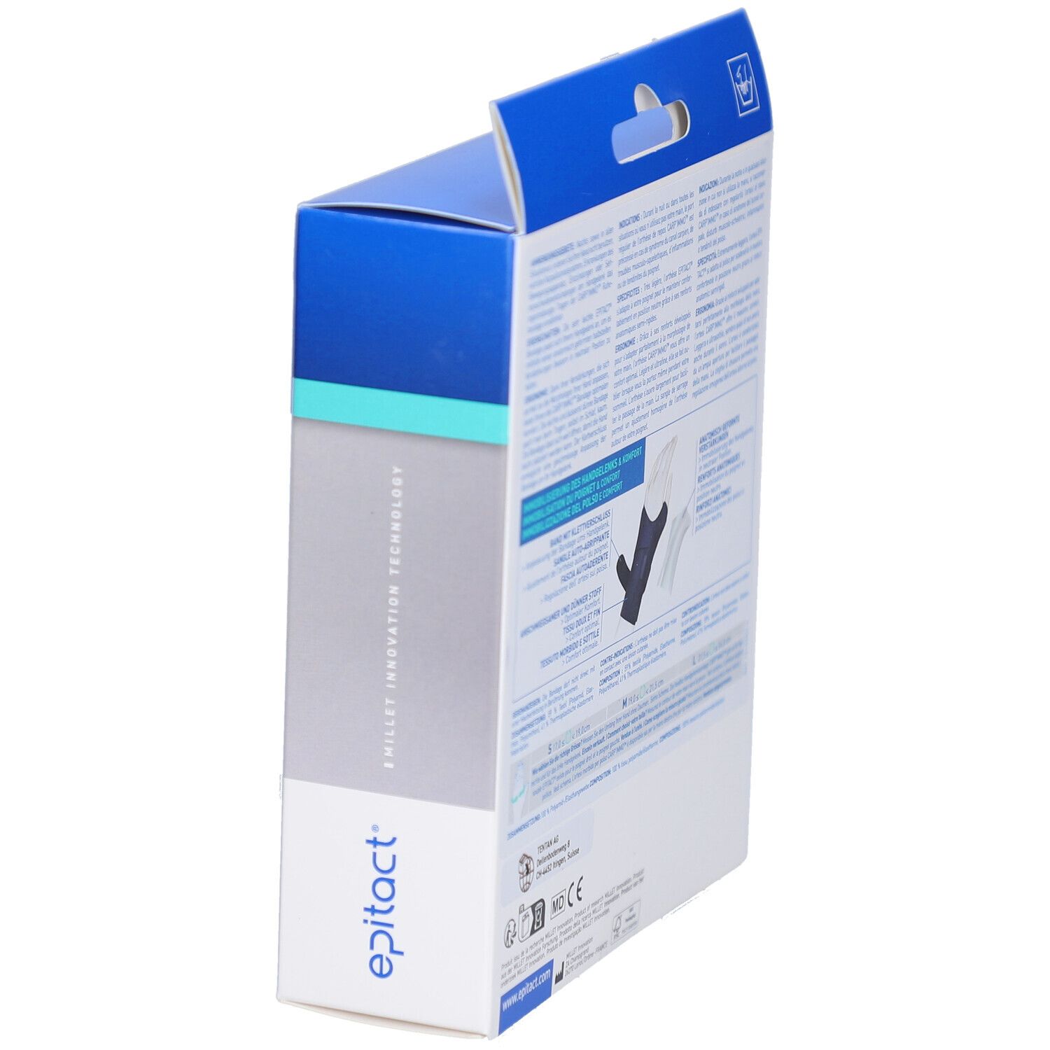 Seitenansicht der EPITACT CARP'IMMO Verpackung. Blaue Box mit Produktinformationen. Marke EPITACT.