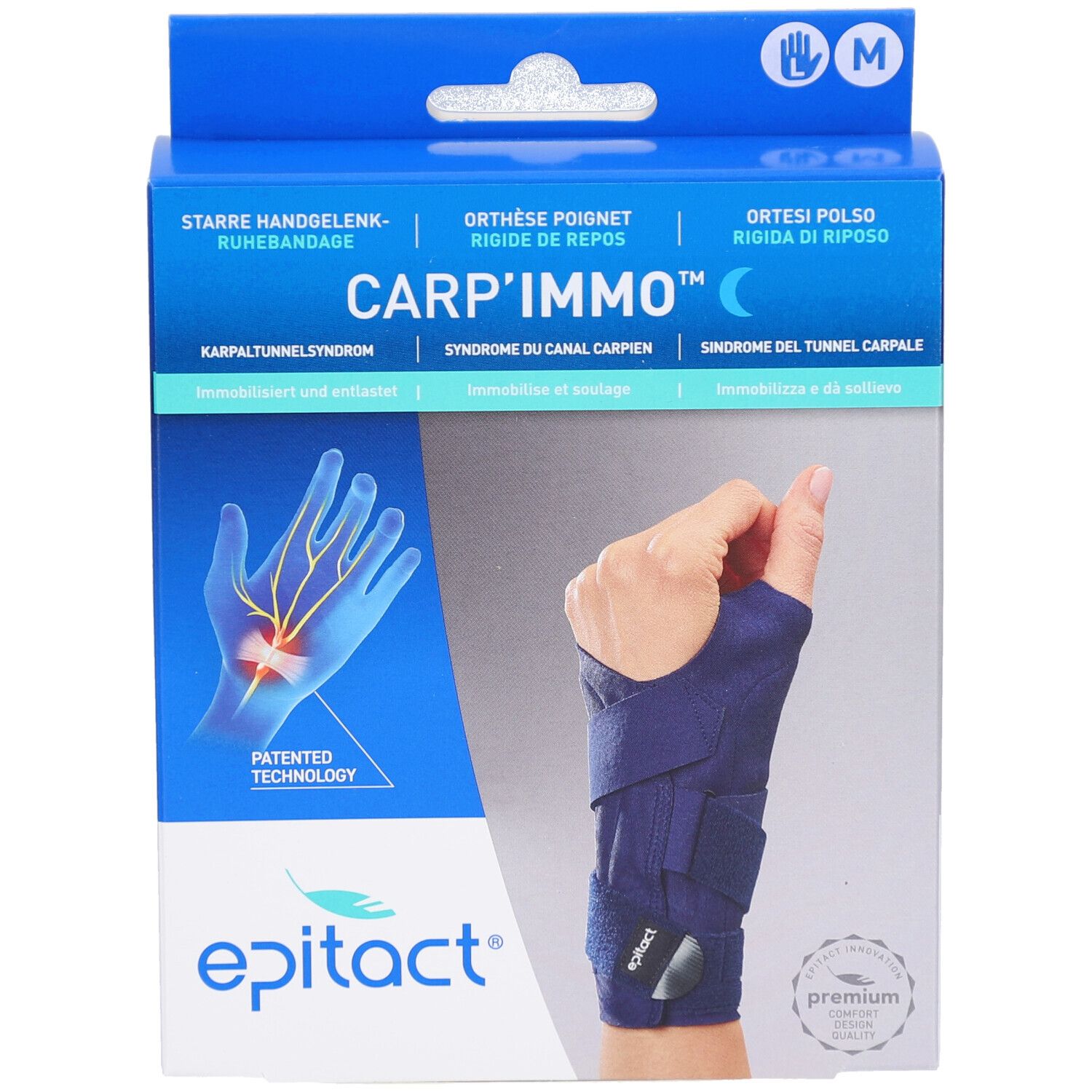 EPITACT CARP'IMMO Verpackung. Blaue Box mit Handgelenkbandage. Produktname und Marke sichtbar. Größenangabe M.