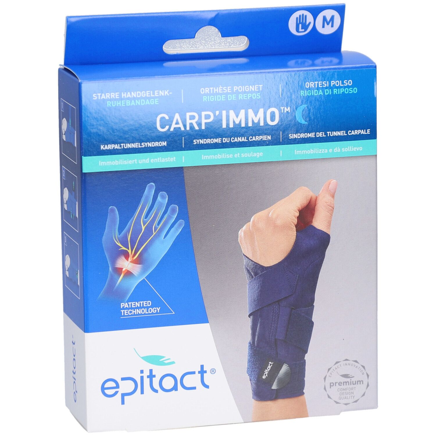 EPITACT CARP'IMMO Verpackung. Blaue Box mit Handgelenkbandage. Produktname und Marke sichtbar. Größenangabe M.