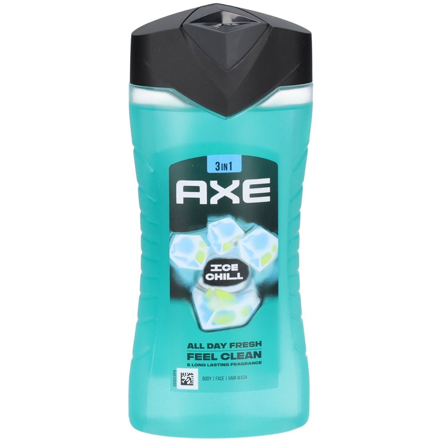 Türkisfarbene Duschgelflasche mit schwarzem Verschluss. Zeigt das AXE-Logo und Eiswürfel. 3-in-1-Formel.