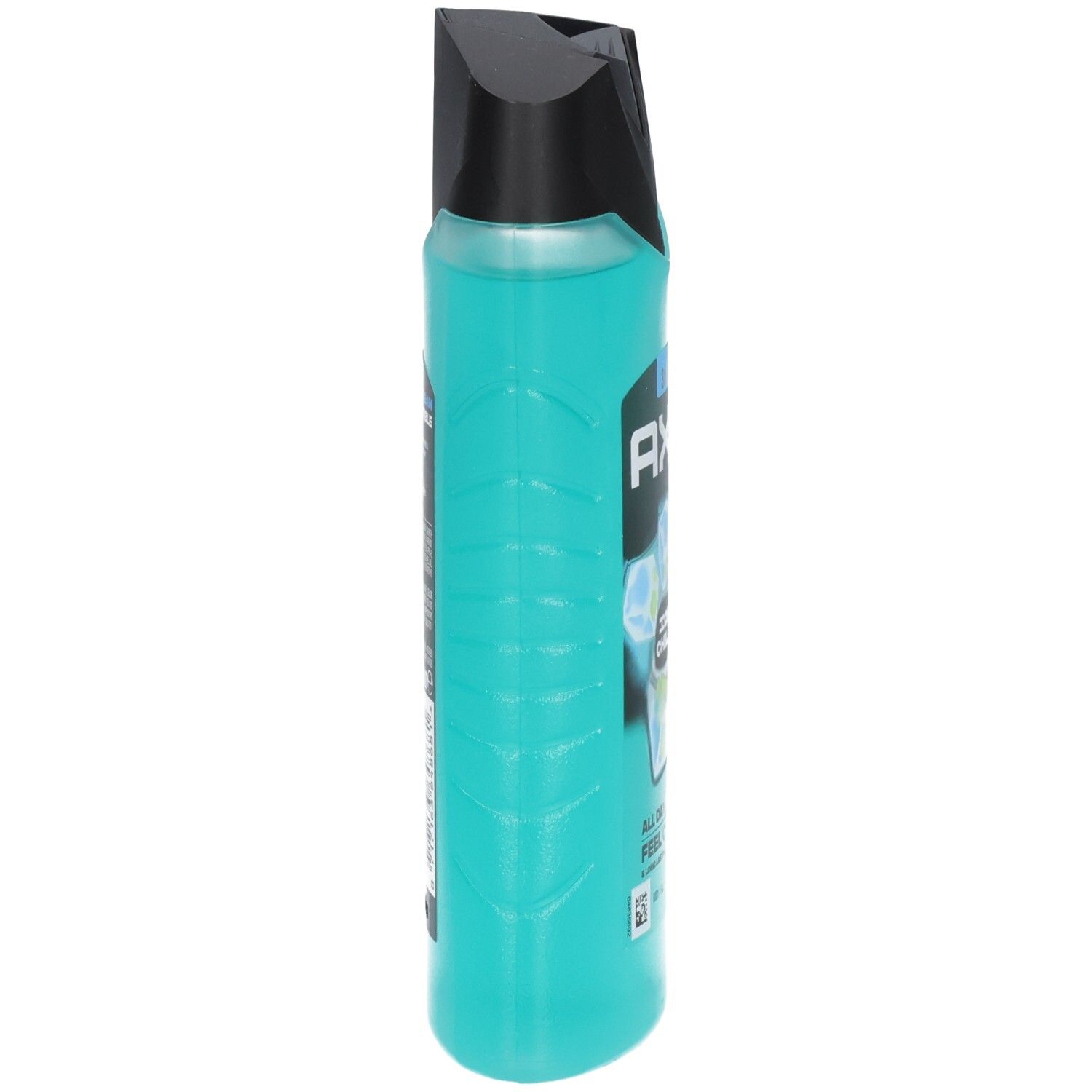 Türkise Flasche mit schwarzem Verschluss, AXE Logo und Text auf dem Etikett.