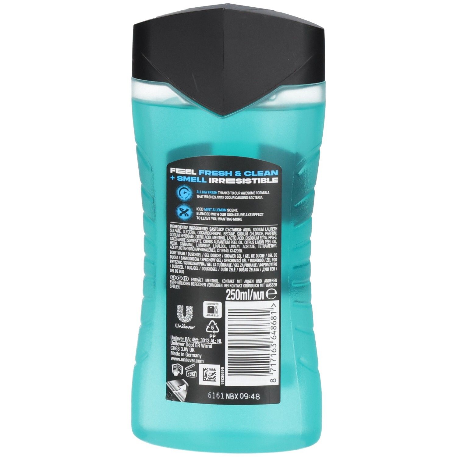 Türkise Duschgel-Flasche mit schwarzem Verschluss. Enthält 250ml. Rückseite mit Inhaltsstoffen und Barcode.