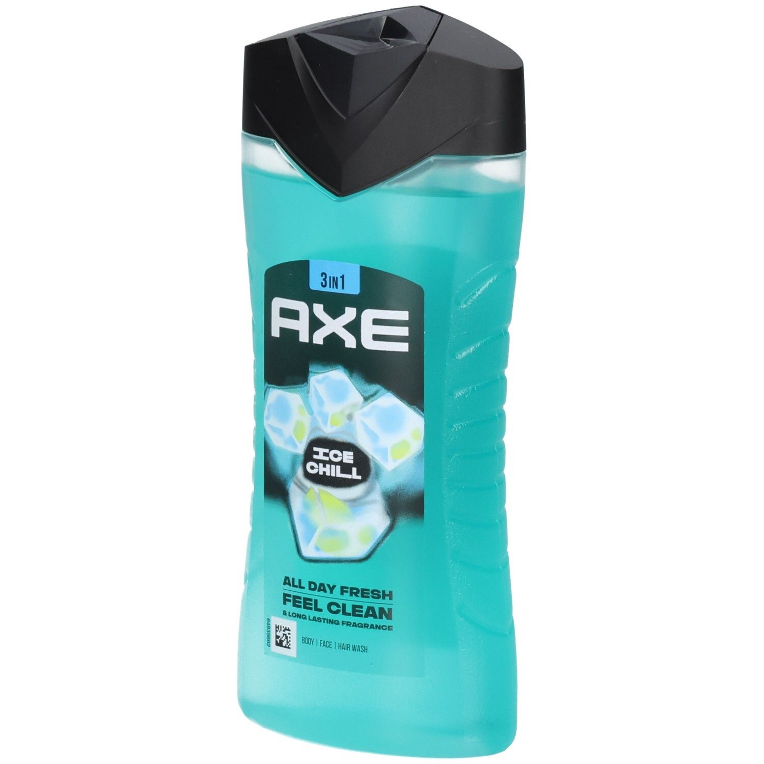 Axe Ice Chill 3in1 Duschgel in türkiser Flüssigkeit mit schwarzem Verschluss. Eiswürfel-Design auf dem Etikett.