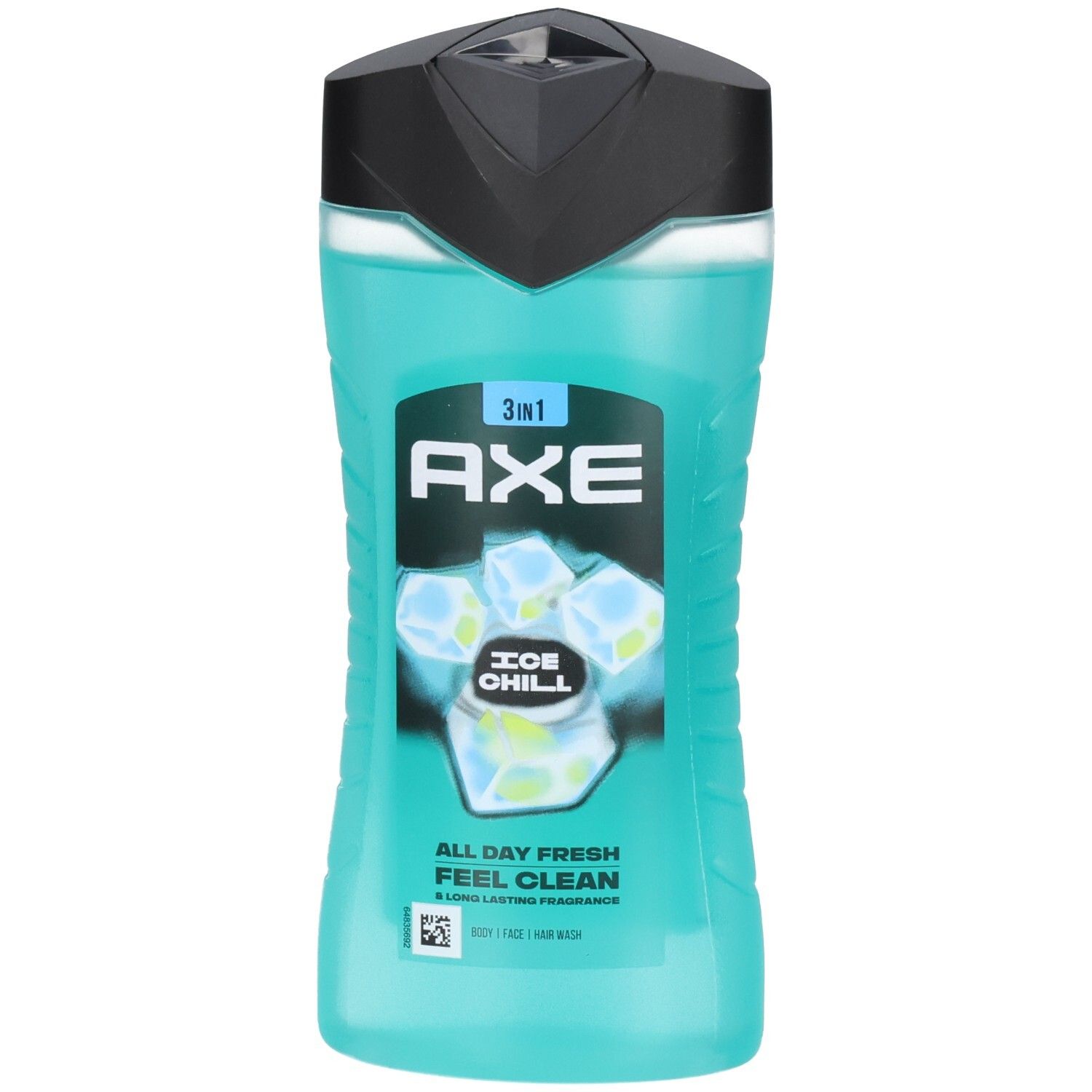 Axe Ice Chill 3in1 Duschgel in türkiser Flasche mit schwarzem Verschluss. Eiswürfel-Design auf dem Etikett.
