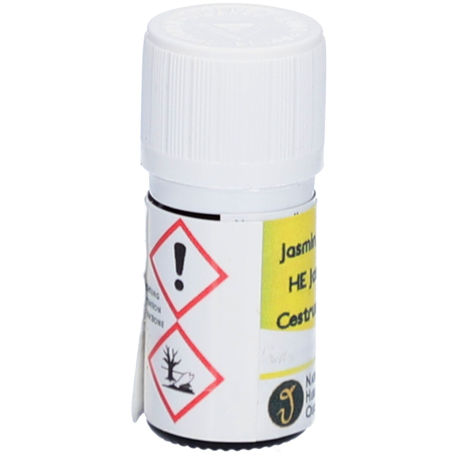 Kleine Glasflasche mit weißem Deckel. Gelbes Etikett. Warnsymbole: Ausrufezeichen, Baum/toter Fisch. Text: Jasmin Nachtjasmin, HE Jasmin de nuit.