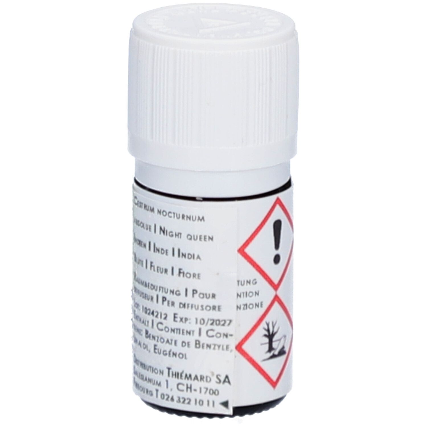 Kleine Glasflasche mit weißem Deckel. Gelbes Etikett. Warnsymbole. Text: Cestrum nocturnum, Night queen, Inhalt, Adresse.