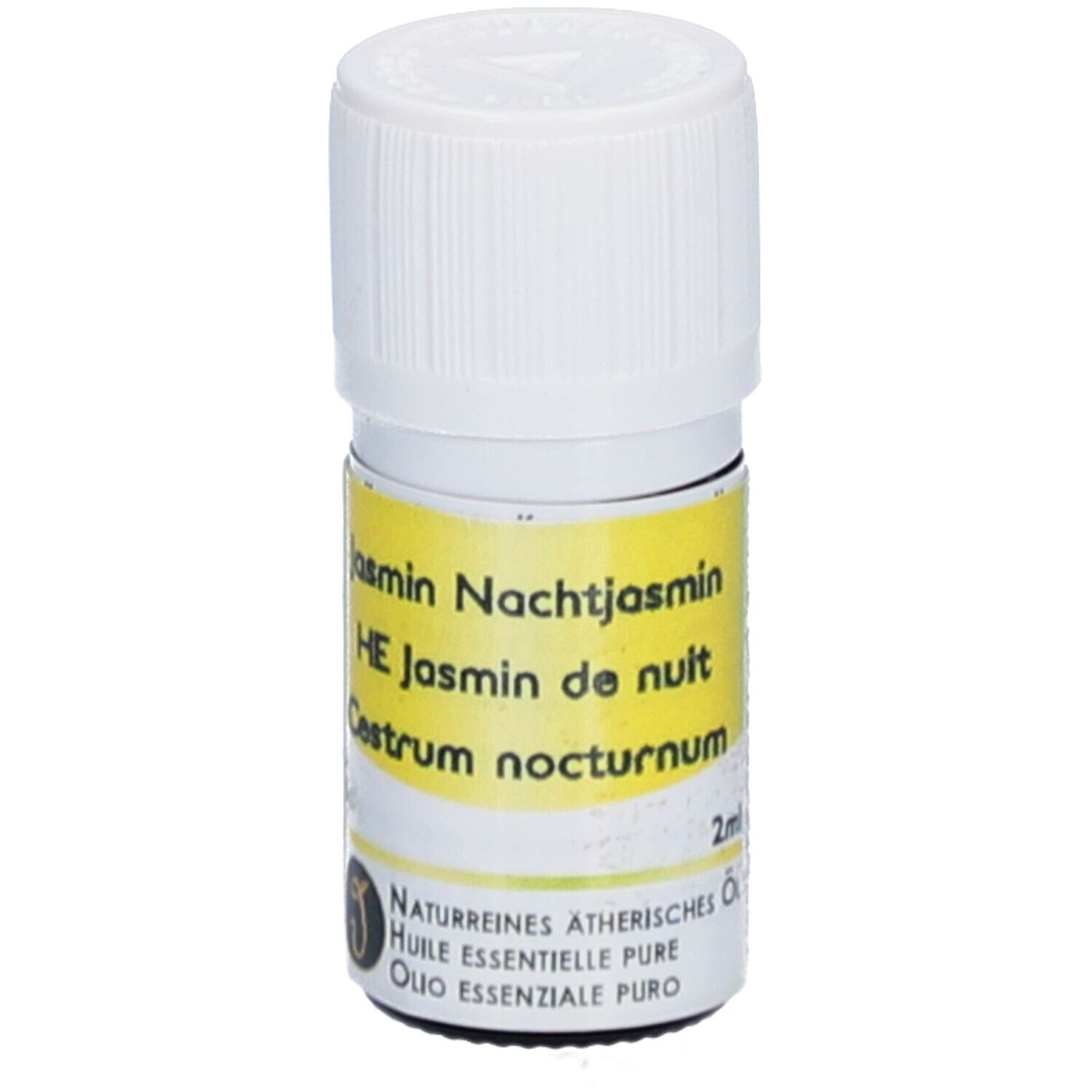 Kleine Glasflasche mit weißem Deckel. Gelbes Etikett mit Text: Jasmin Nachtjasmin, HE Jasmin de nuit, Cestrum nocturnum. 2ml.