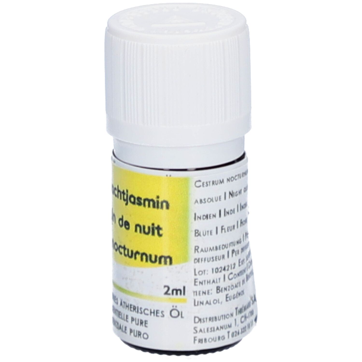 Kleine Glasflasche mit weißem Deckel. Gelbes Etikett. Text: Jasmin Nachtjasmin, HE Jasmin de nuit, Cestrum nocturnum. 2ml. Adresse.