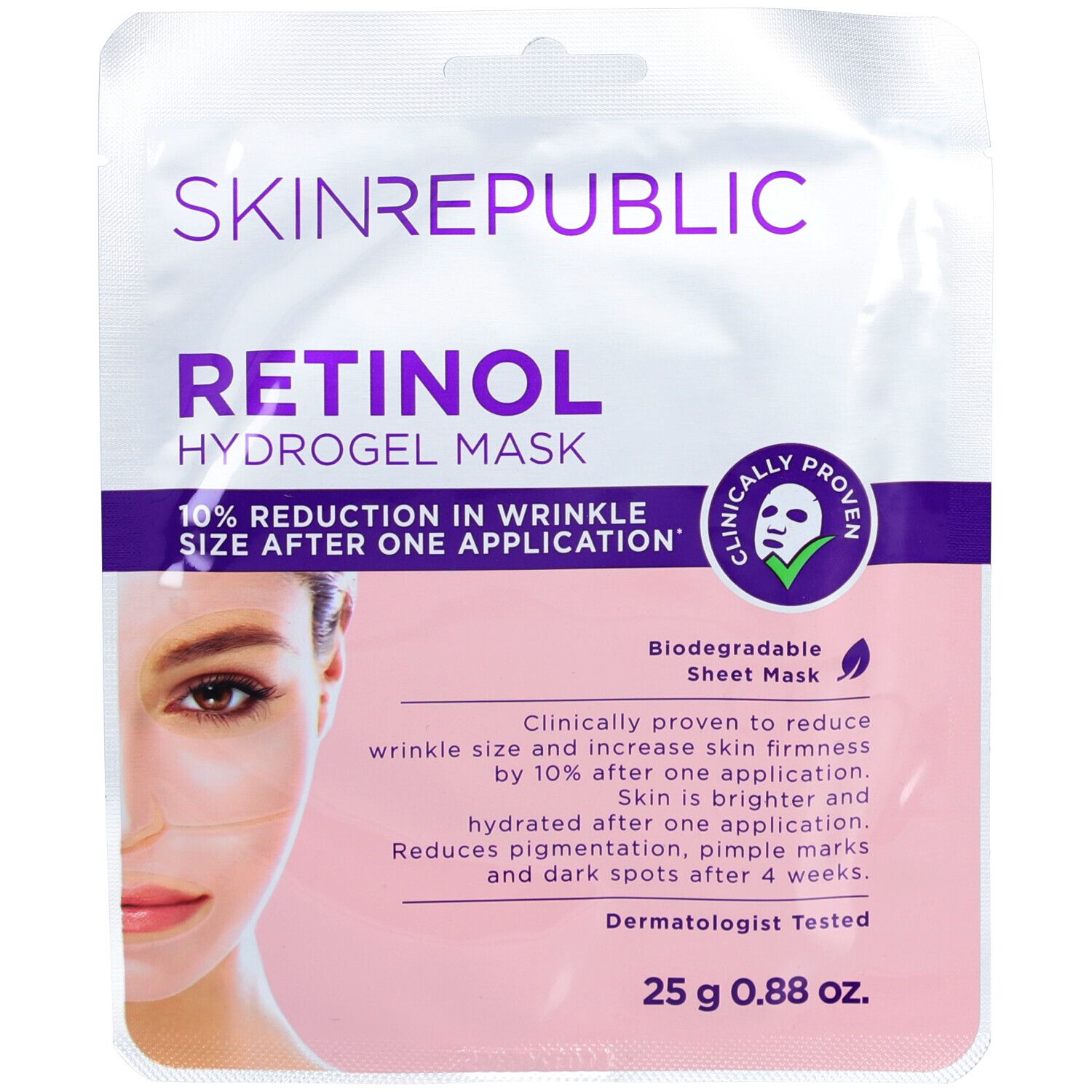 Verpackung der Gesichtsmaske. Text: SKIN REPUBLIC, RETINOL HYDROGEL MASK. Klinisch erwiesen. Dermatologisch getestet. 25 g.
