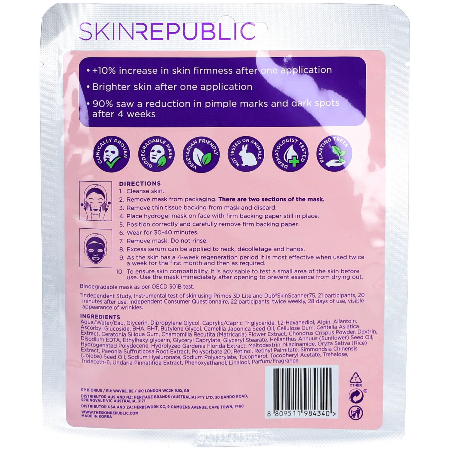 Rückseite der Gesichtsmaskenverpackung. Text: SKIN REPUBLIC. Anleitung. Inhaltsstoffe. Klinisch erwiesen. Dermatologisch getestet.