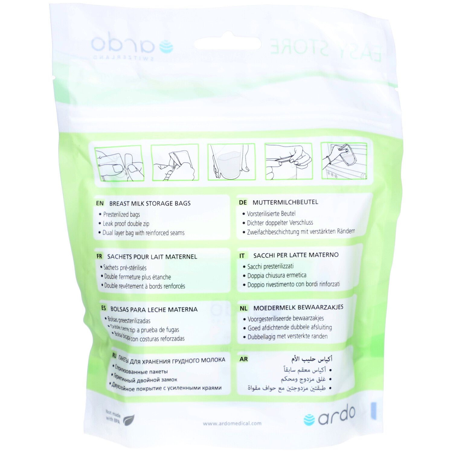 Dos du paquet avec illustrations et textes multilingues. Désignation du produit: sachets pour lait maternel.