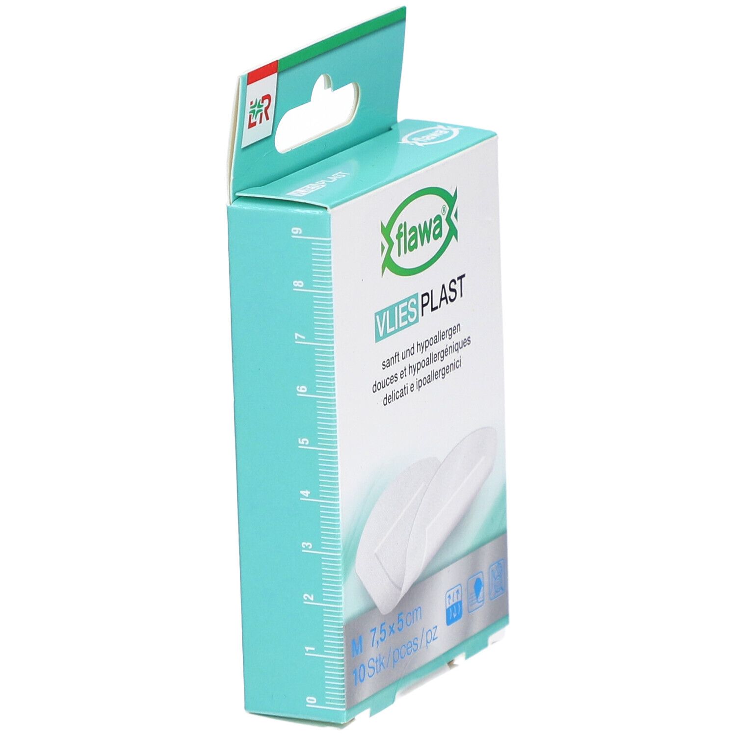 Seitenansicht der Verpackung von flawa® Vlies Plast Pflaster. Türkis-weiße Schachtel mit Maßangaben. 7,5 x 5 cm, 10 Stück.