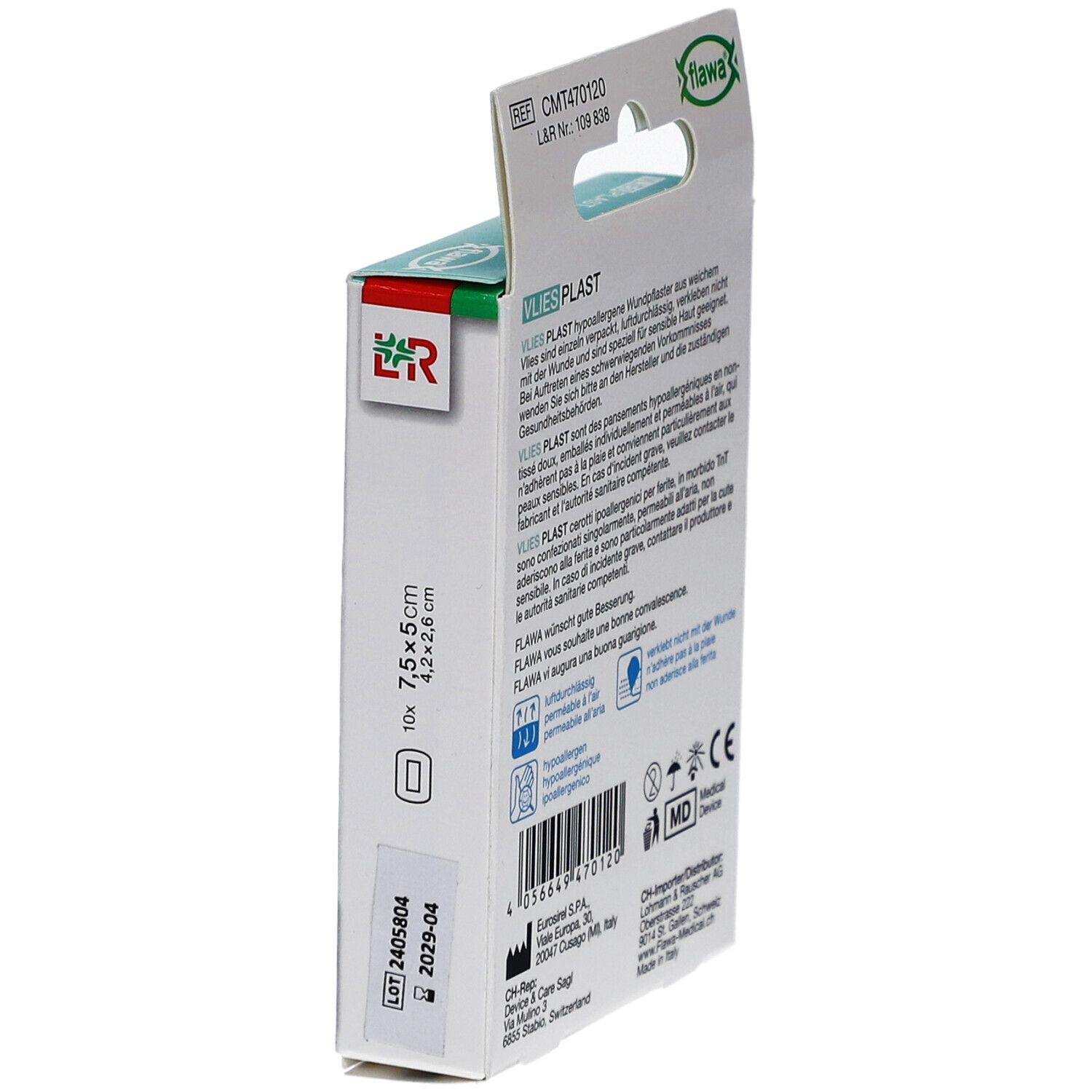 Seitenansicht der Verpackung von flawa® Vlies Plast Pflaster. Angaben zu Größe, Inhalt und Haltbarkeit. Medizinprodukt-Kennzeichnung.