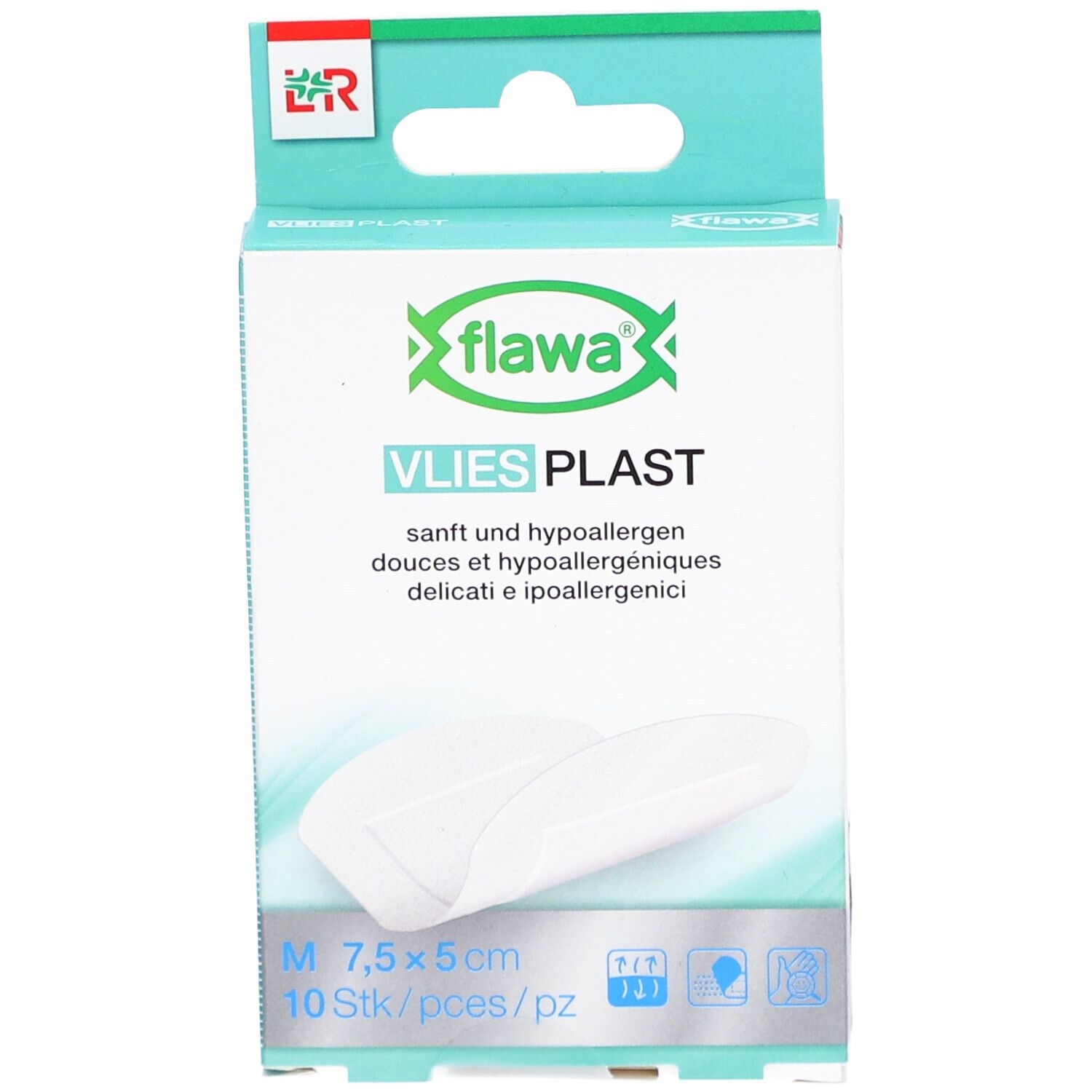 Verpackung von flawa® Vlies Plast Pflaster. Weißes Pflaster, 7,5 x 5 cm, 10 Stück. Aufschrift: sanft und hypoallergen.