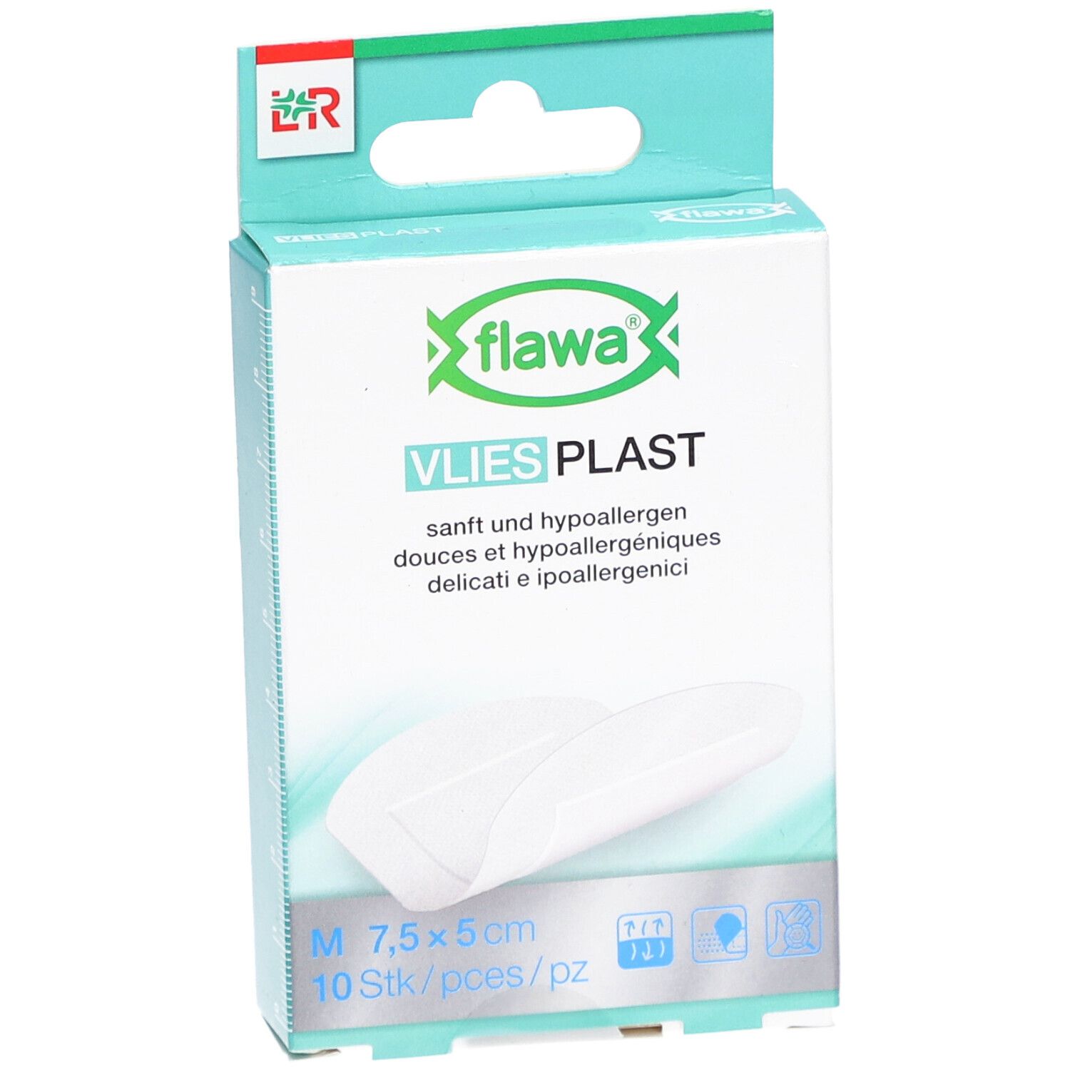 Verpackung von flawa® Vlies Plast Pflaster. Weißes Pflaster, 7,5 x 5 cm, 10 Stück. Aufschrift: sanft und hypoallergen.