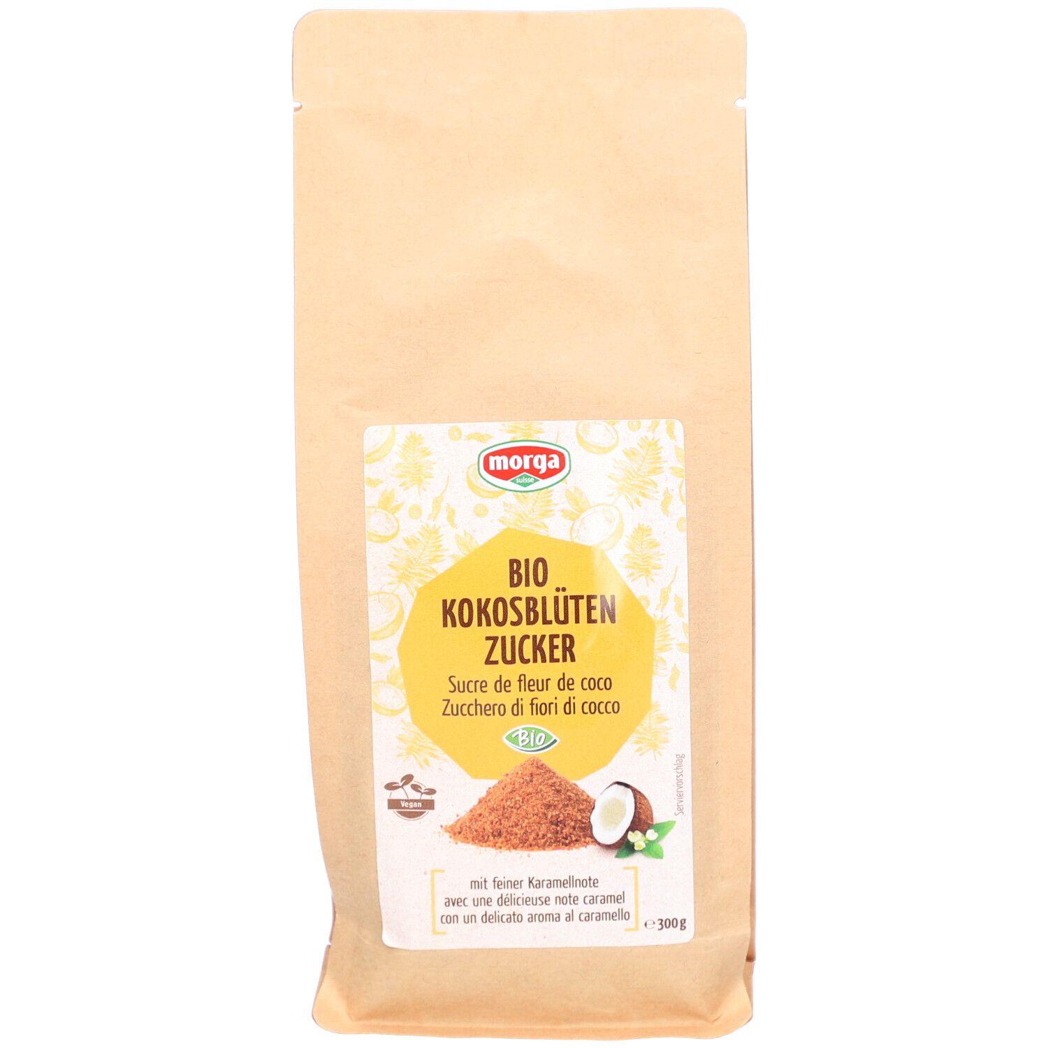 Sachet de sucre de fleur de coco. Étiquette avec nom du produit, label bio et illustration de noix de coco. Particules de sucre brun visibles.