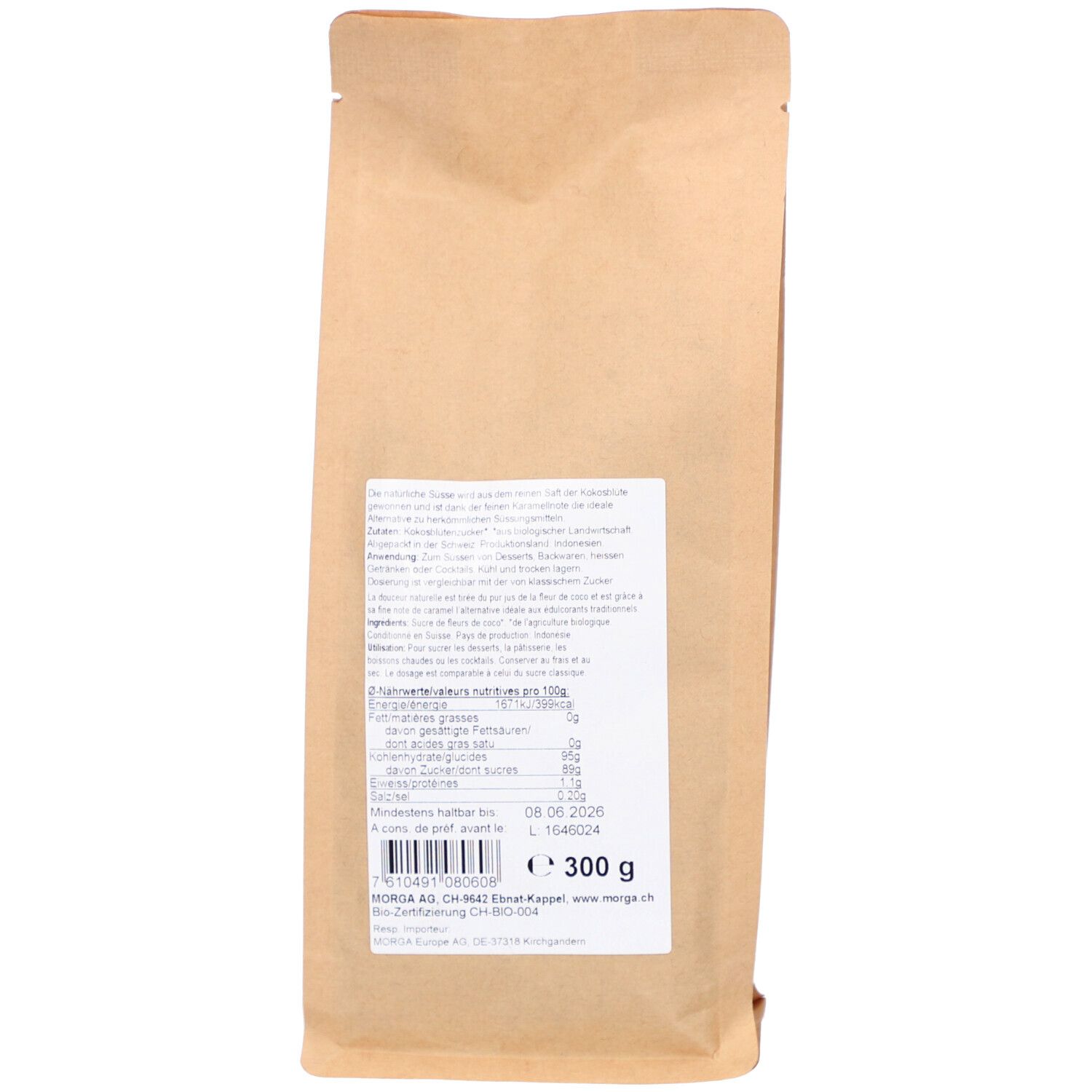 Dos du sachet de sucre de fleur de coco. Texte avec informations nutritionnelles, date de péremption et informations du fabricant.