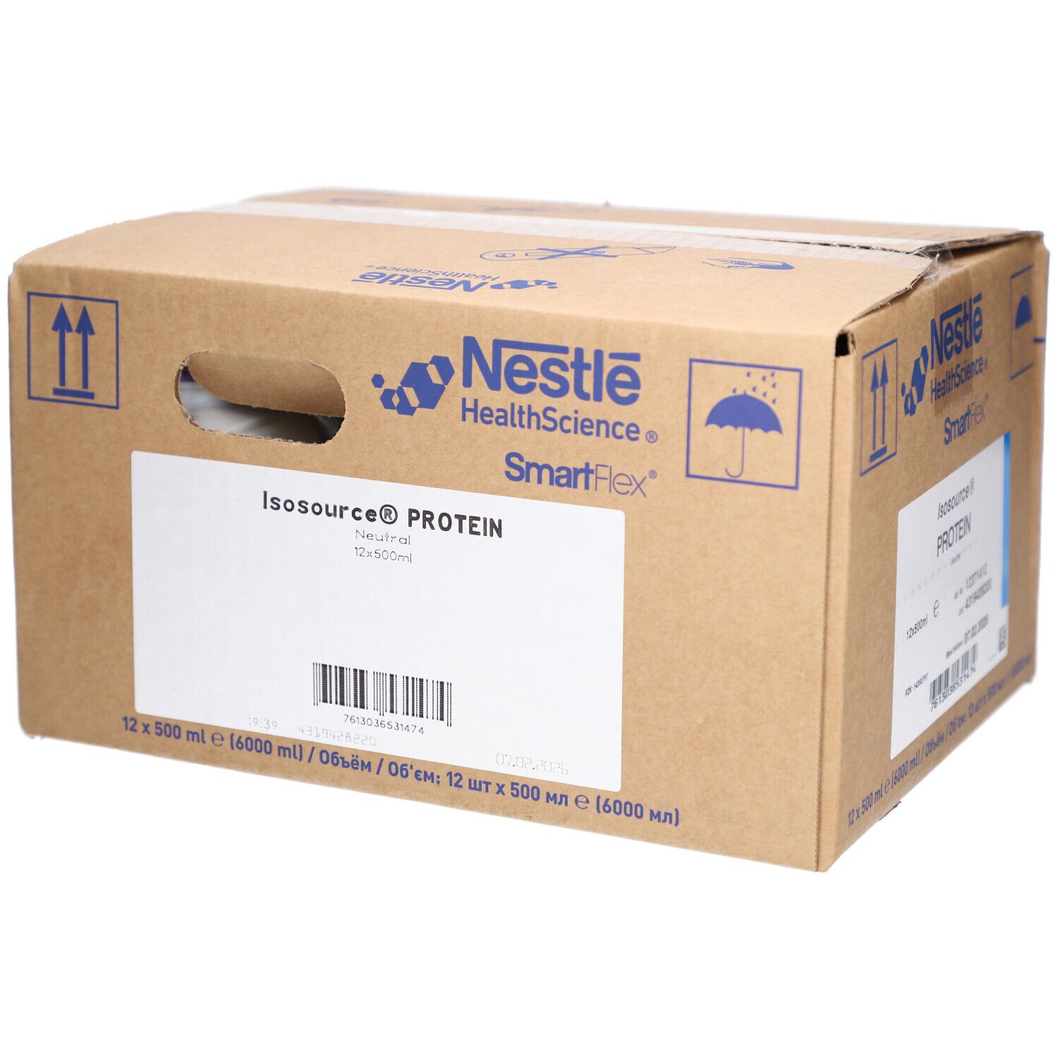 Boîte en carton Isosource® Protein. Logo Nestle HealthScience. 12 x 500 ml. Inscriptions.