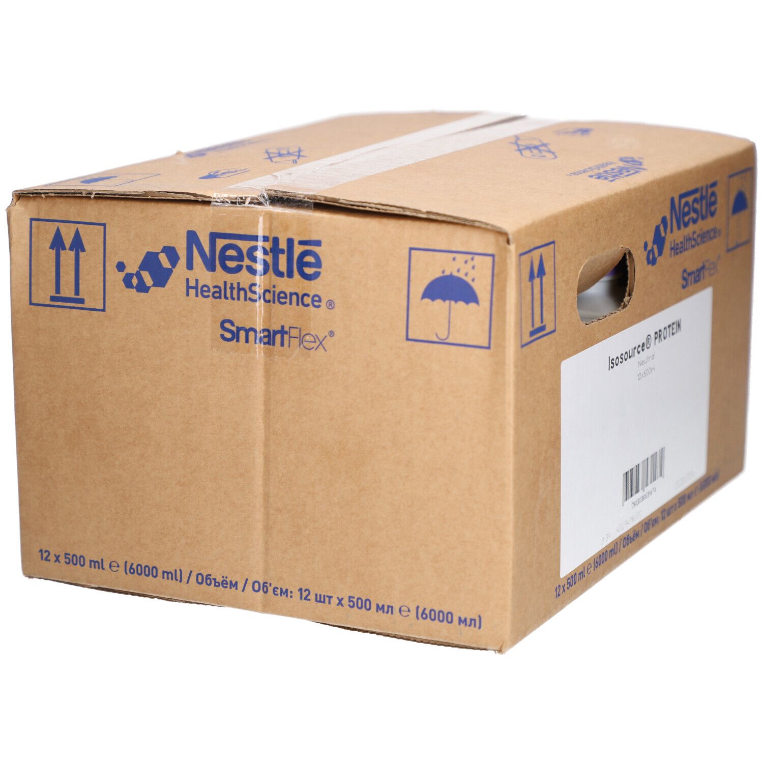 Boîte en carton Isosource® Protein. Logo Nestle HealthScience. 12 x 500 ml. Inscriptions.