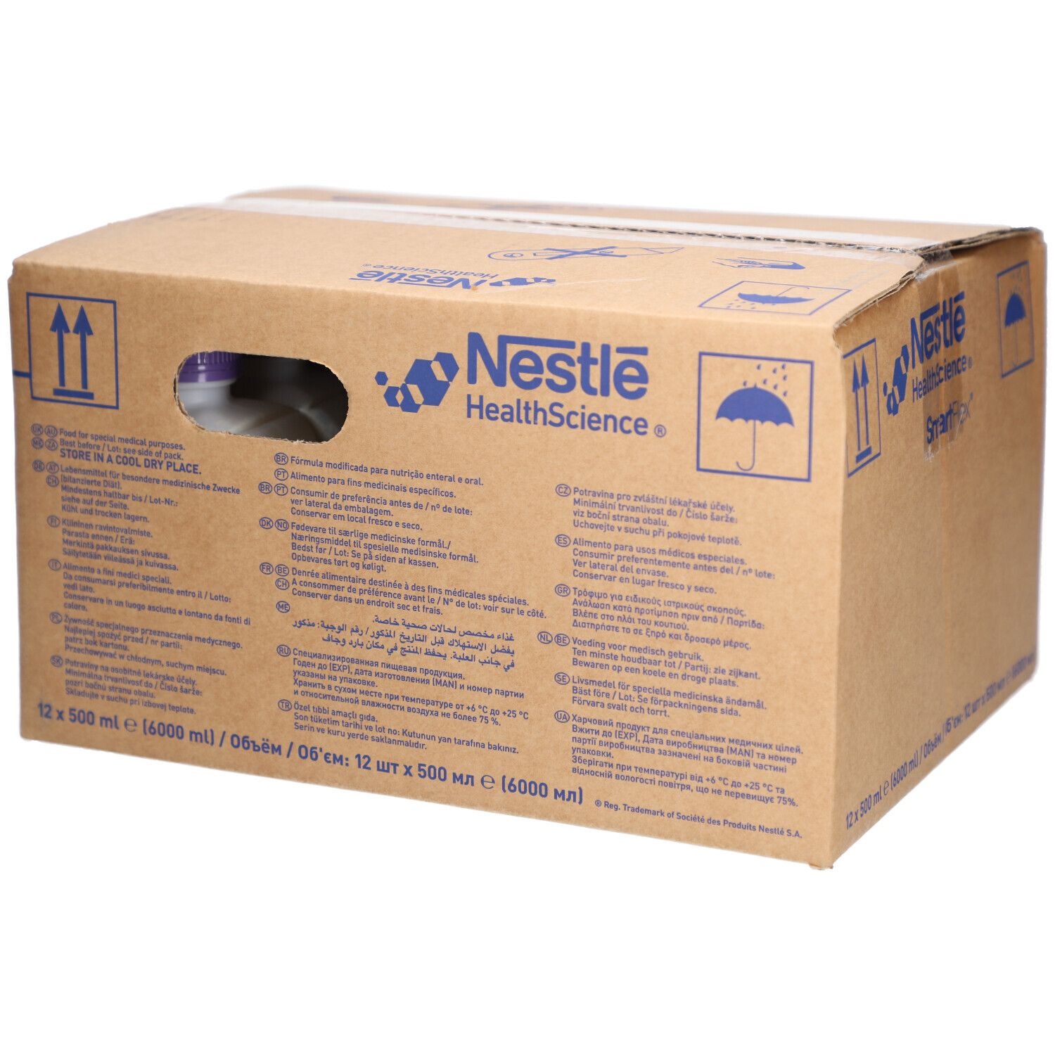 Boîte en carton Isosource® Protein. Logo Nestle HealthScience. 12 x 500 ml. Inscriptions.