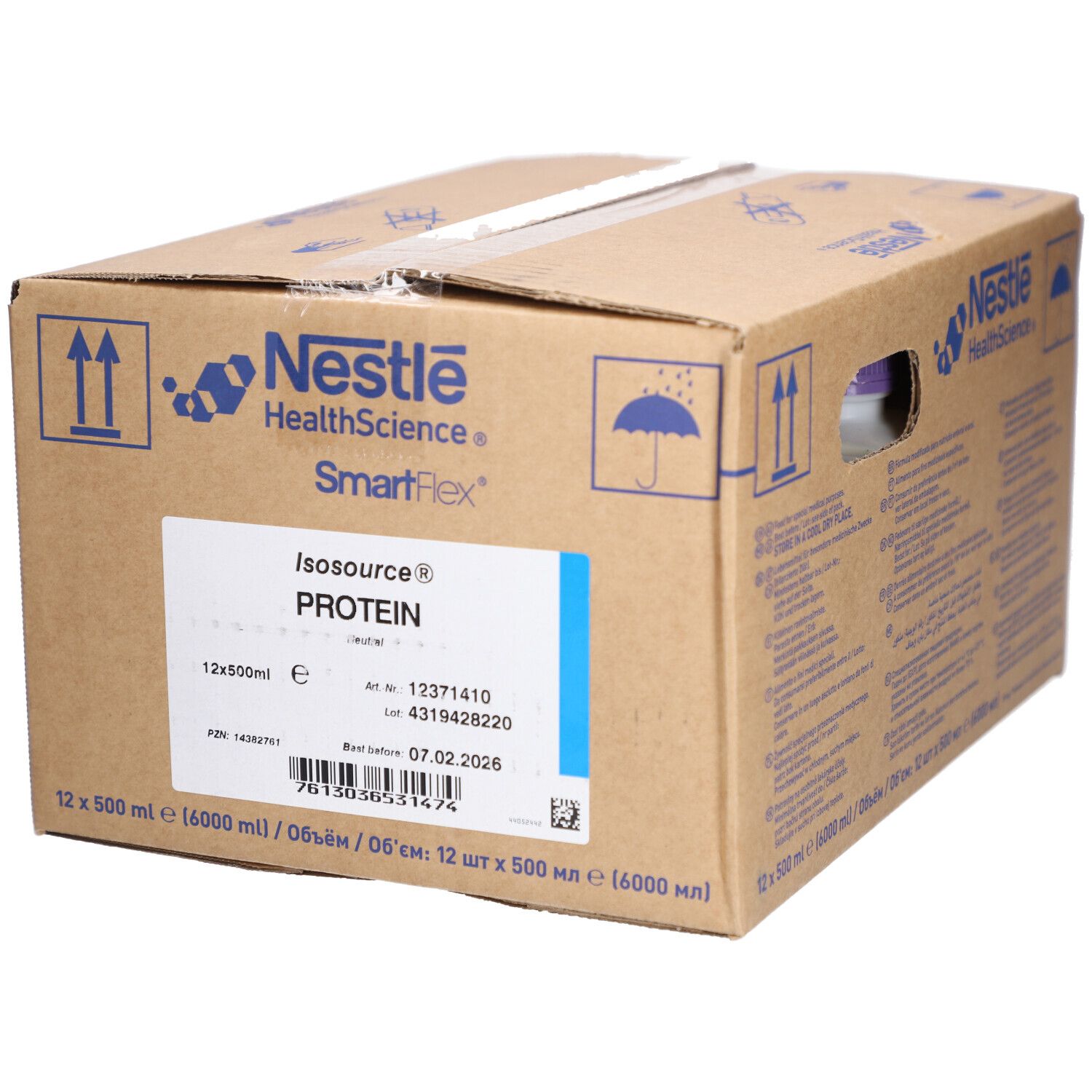 Boîte en carton Isosource® Protein. Logo Nestle HealthScience. 12 x 500 ml. Inscriptions.