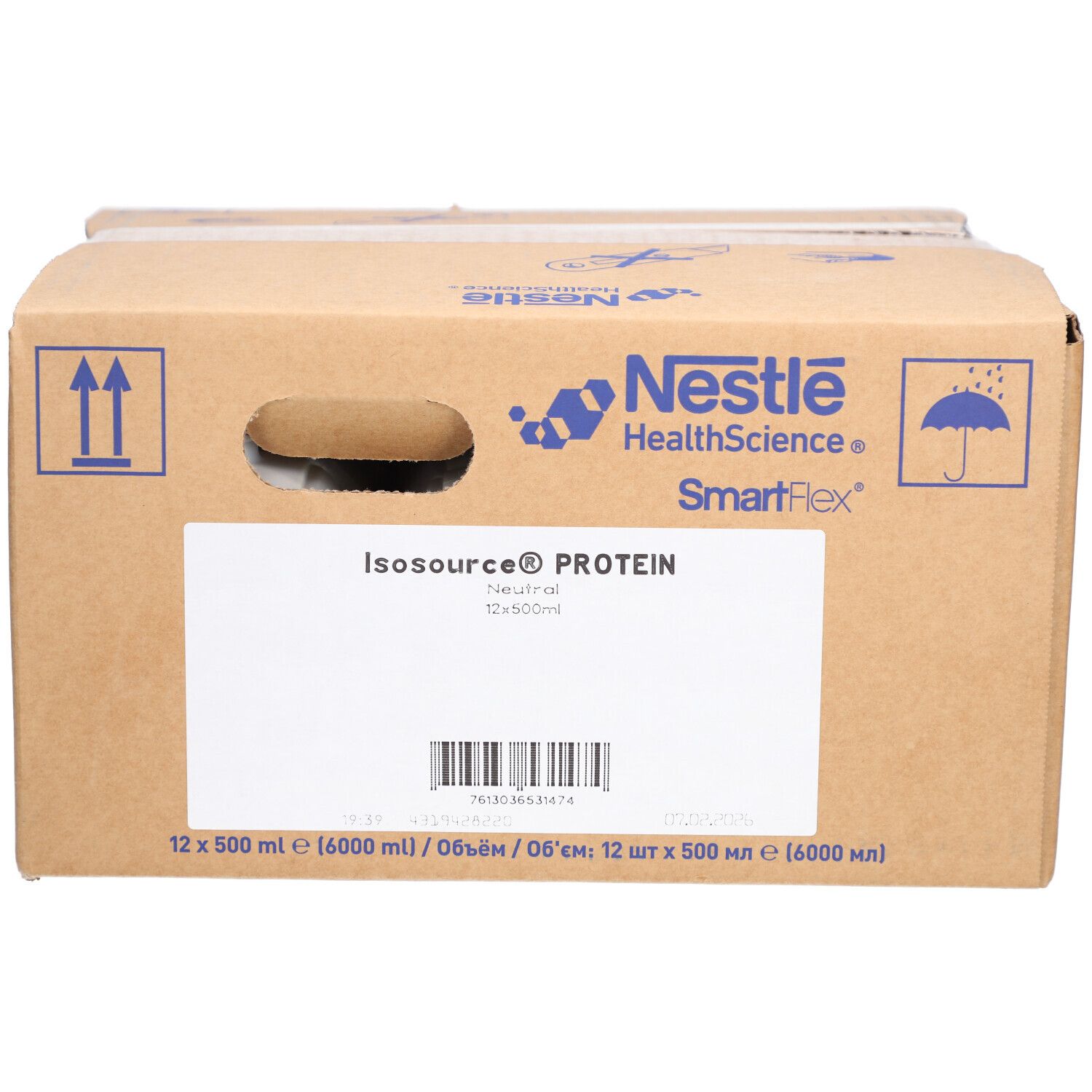 Boîte en carton Isosource® Protein. Logo Nestle HealthScience. 12 x 500 ml. Inscriptions.