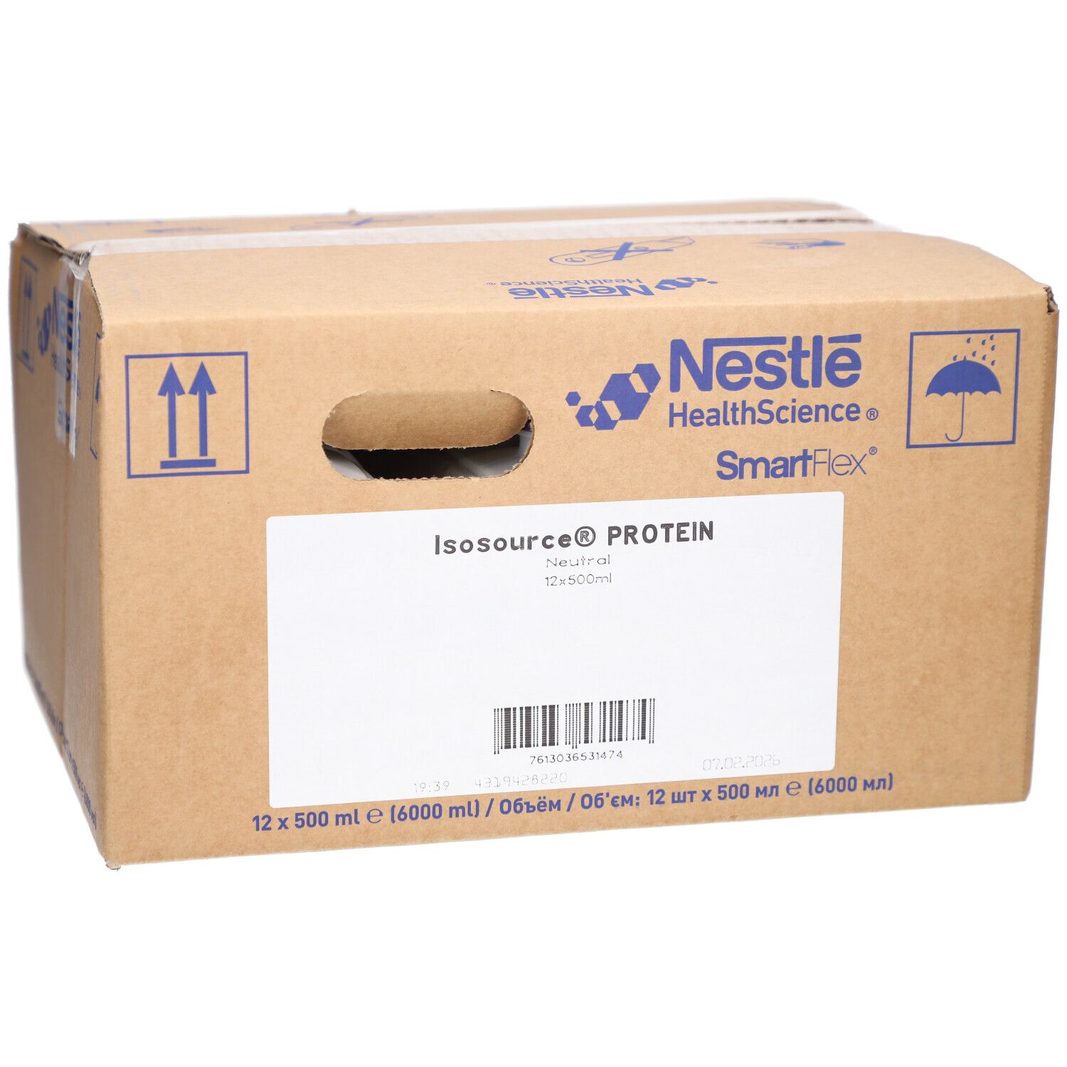Boîte en carton Isosource® Protein. Logo Nestle HealthScience. 12 x 500 ml. Inscriptions.