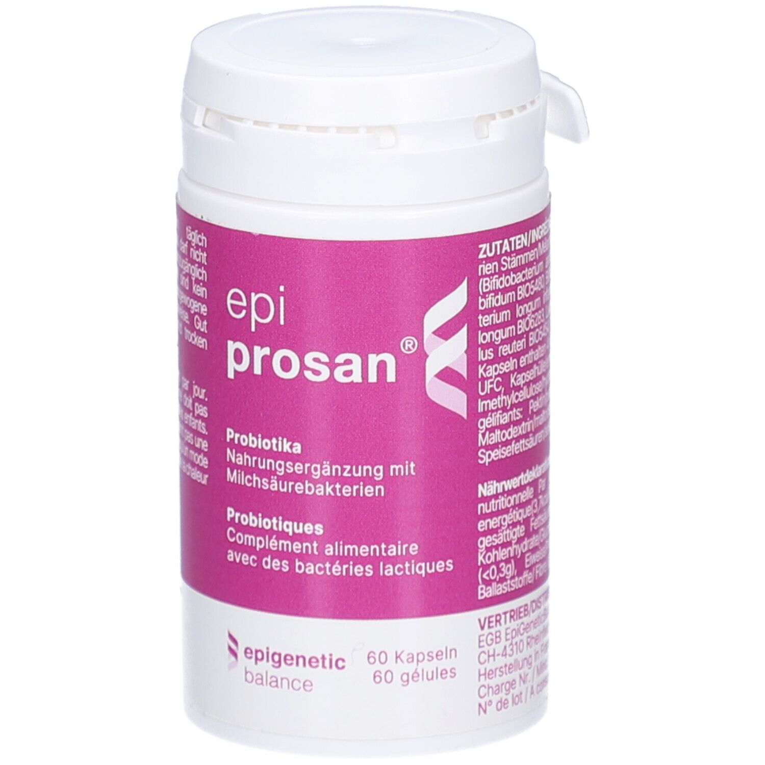 Weiße Dose mit rosa Etikett. Aufschrift: epi prosan, Probiotika. 60 Kapseln. Logo: epigenetische balance.