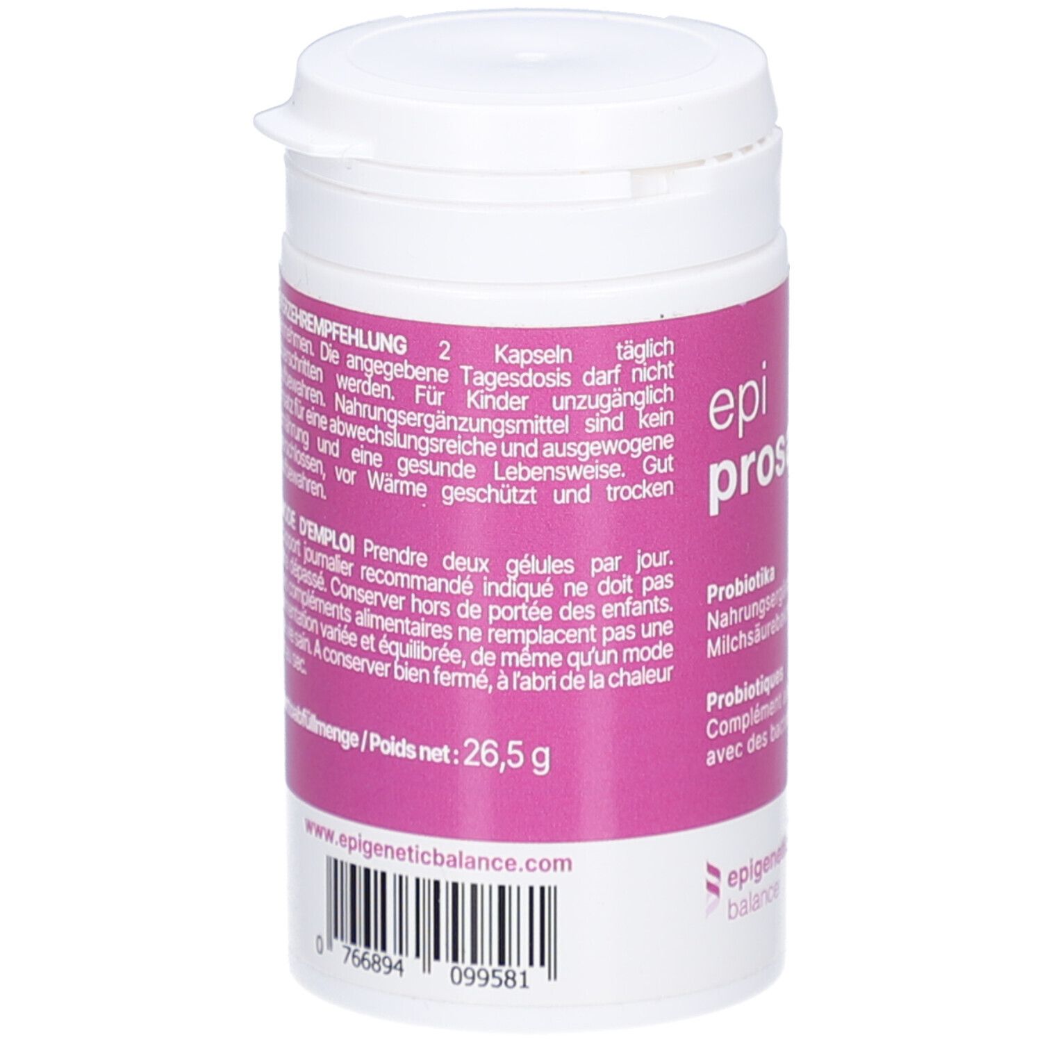Weiße Dose, rosa Etikett. Text: Anwendungsempfehlung, 2 Kapseln täglich. Nettogewicht: 26,5 g. Website-Adresse.
