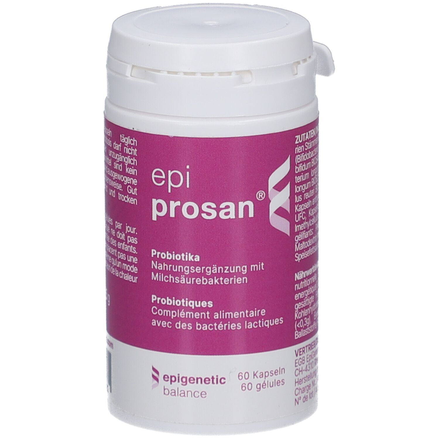 Weiße Dose mit rosa Etikett. Aufschrift: epi prosan, Probiotika. 60 Kapseln. Logo: epigenetische balance.
