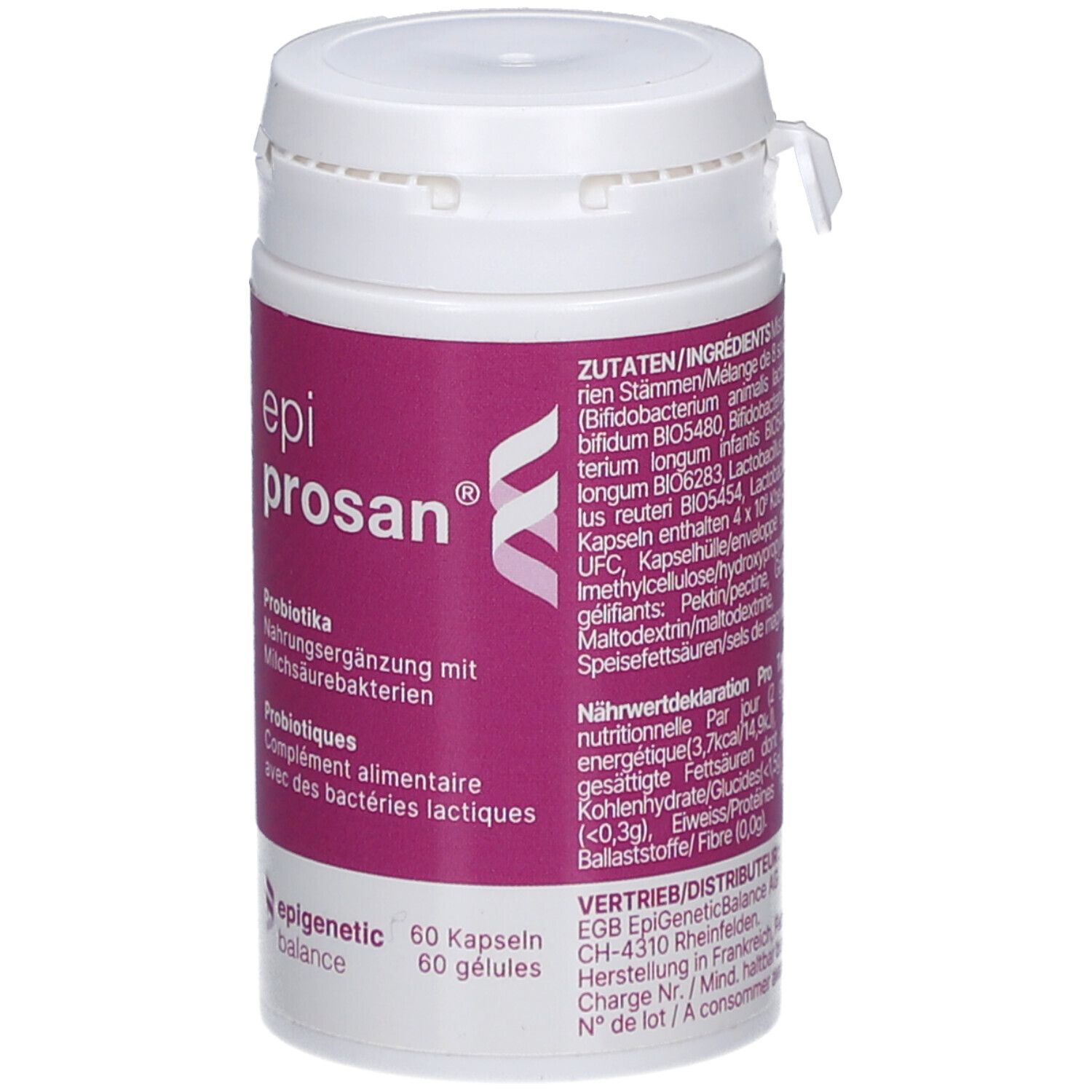 Weiße Dose mit rosa Etikett. Aufschrift: epi prosan, Probiotika. 60 Kapseln. Zutaten/Ingredients.