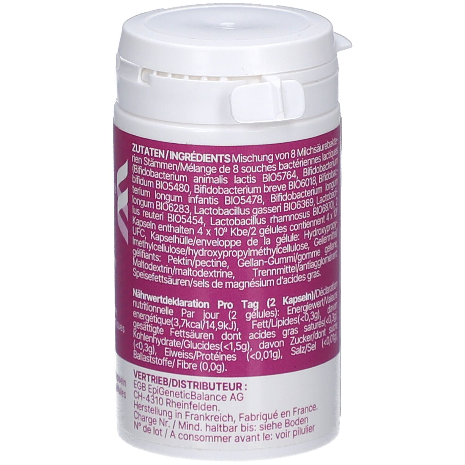 Weiße Dose, rosa Etikett. Zutaten/Ingredients. Nährwertdeklaration. Vertrieb: EGB EpigeneticBalance.