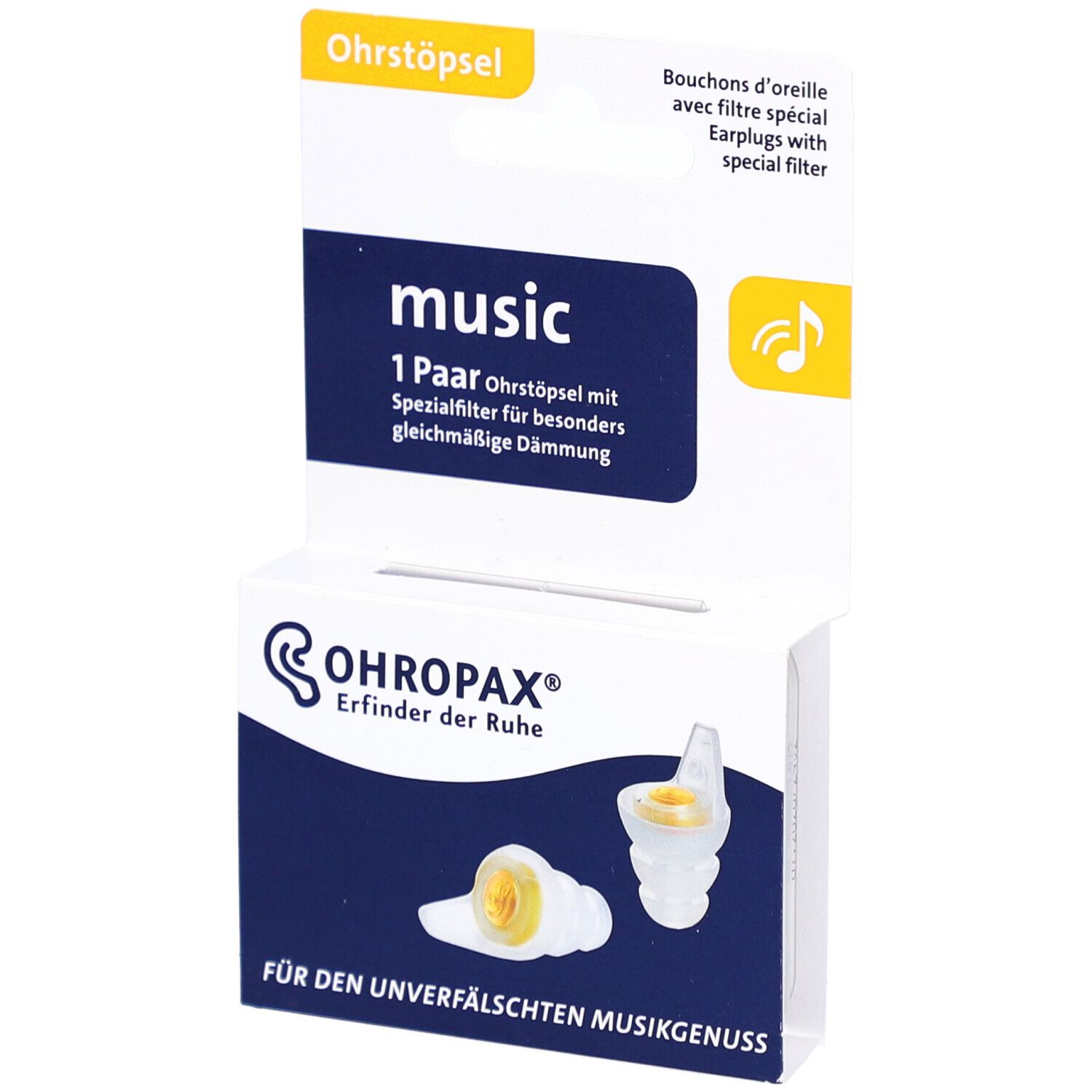 Verpackung mit Ohrstöpseln. Aufschrift: music, 1 Paar. Marke OHROPAX. Gelb-transparente Ohrstöpsel abgebildet.