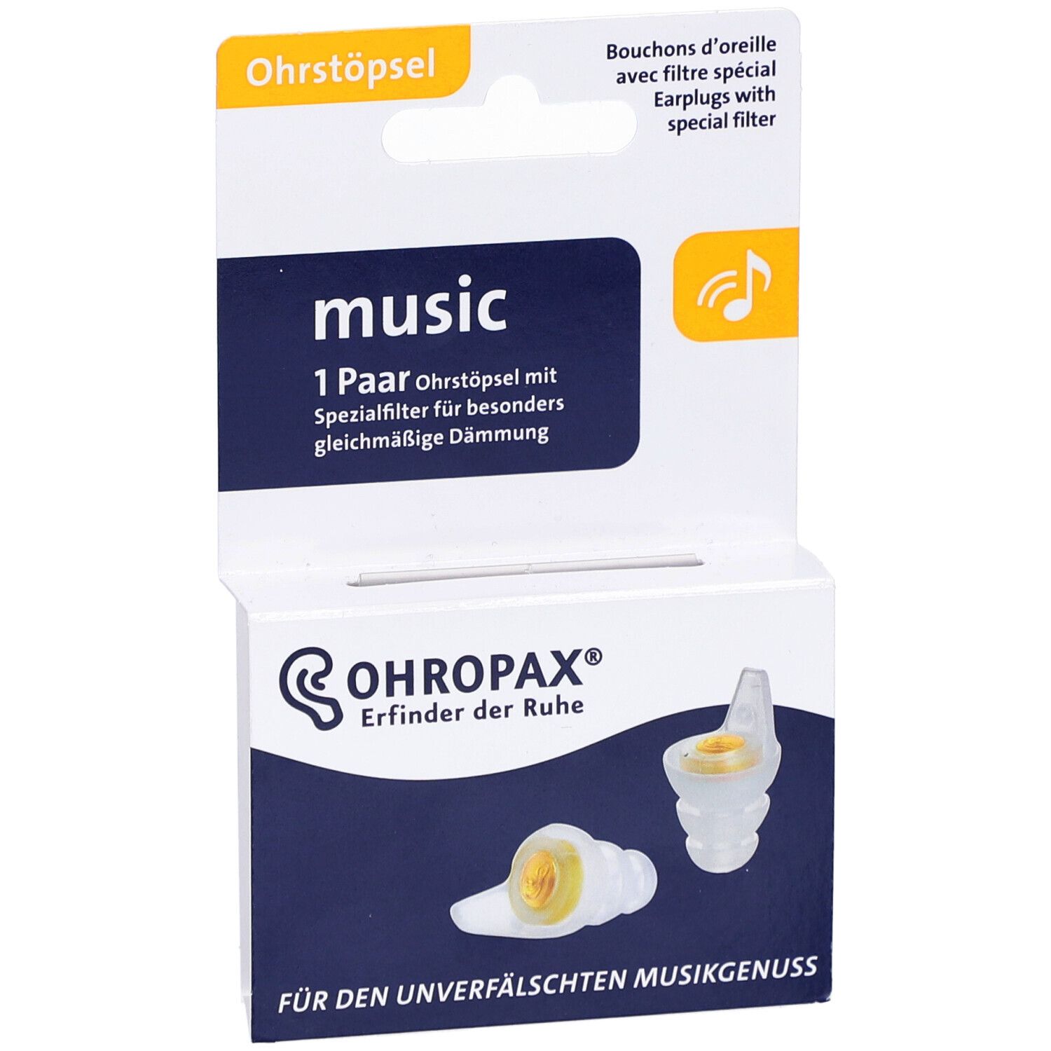 Verpackung mit Ohrstöpseln. Aufschrift: music, 1 Paar. Marke OHROPAX. Gelb-transparente Ohrstöpsel abgebildet.