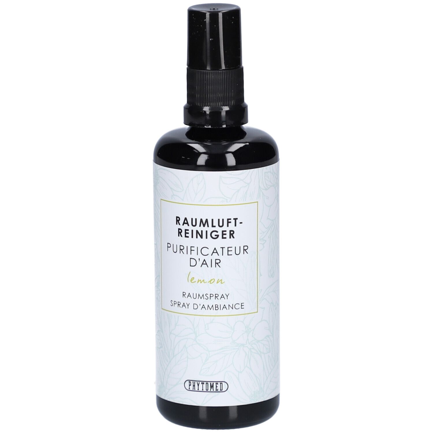 Schwarze Sprühflasche mit weißem Etikett. Text: RAUMLUFTREINIGER, PURIFICATEUR D'AIR, lemon, Raumsspray, Spray d'ambiance. Logo: Phytomed.