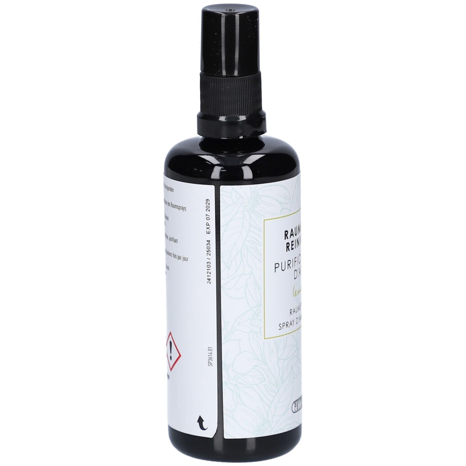 Schwarze Sprühflasche. Etikett mit Text und Warnsymbolen. Text: EXP 07 2029. Gefahrensymbole: Ausrufezeichen, Flamme. Logo: Phytomed.