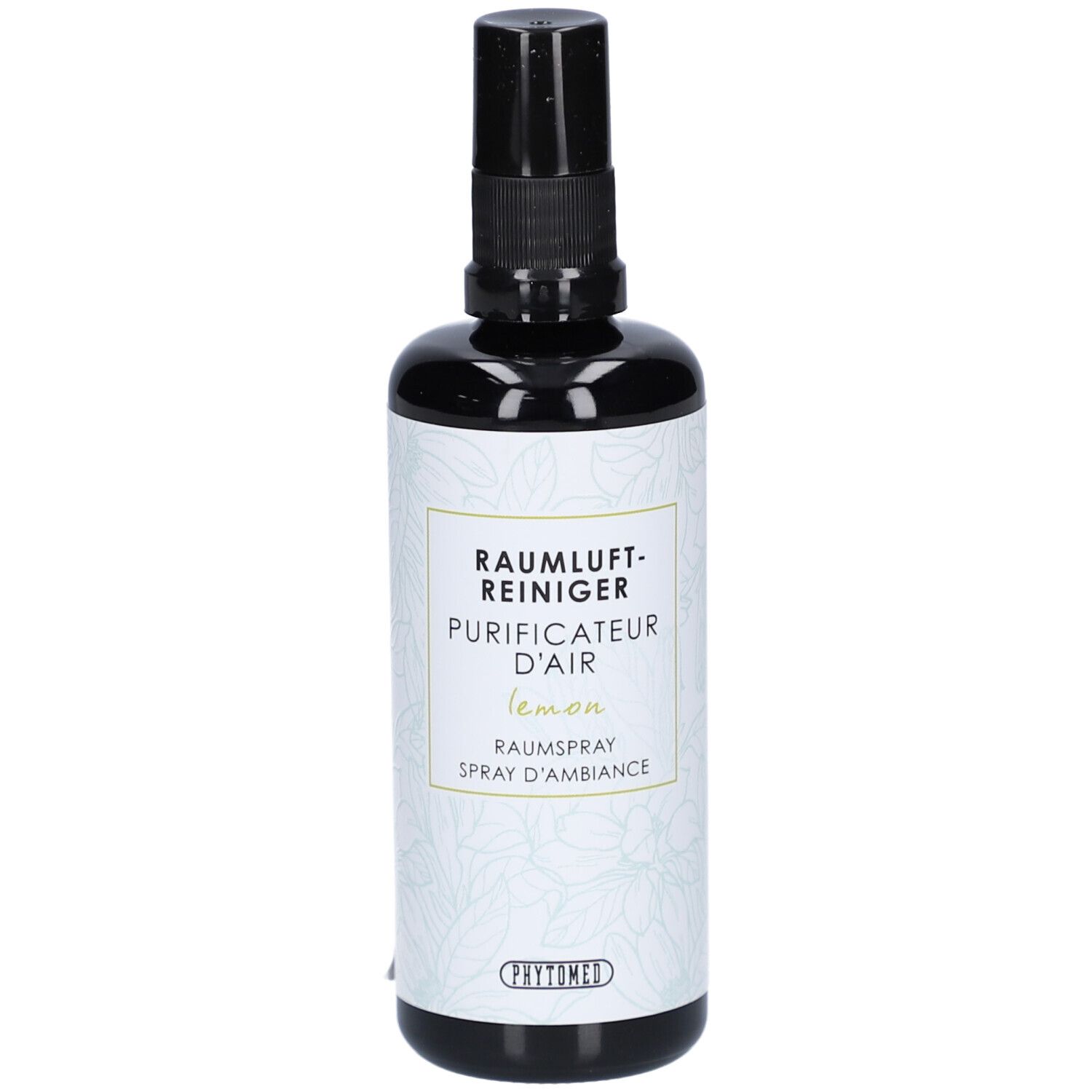 Schwarze Sprühflasche mit weißem Etikett. Text: RAUMLUFTREINIGER, PURIFICATEUR D'AIR, lemon, Raumsspray, Spray d'ambiance. Logo: Phytomed.