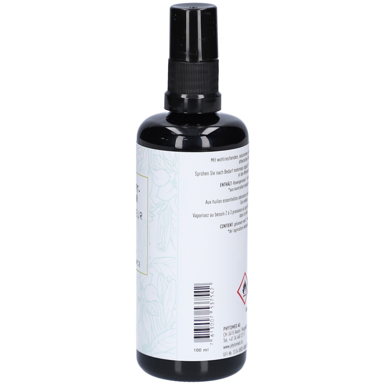 Schwarze Sprühflasche. Etikett mit Text und Warnsymbolen. Text: 100 ml. Gefahrensymbole: Flamme, Ausrufezeichen. Logo: Phytomed.