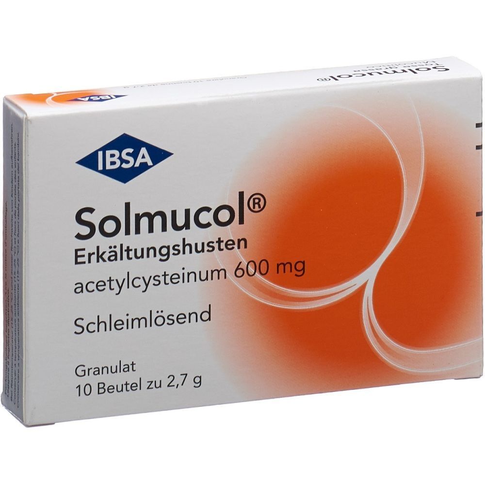 Weiße Schachtel mit Solmucol-Aufschrift. Enthält 10 Beutel Granulat. Orangefarbener Hintergrund. IBSA-Logo oben links.