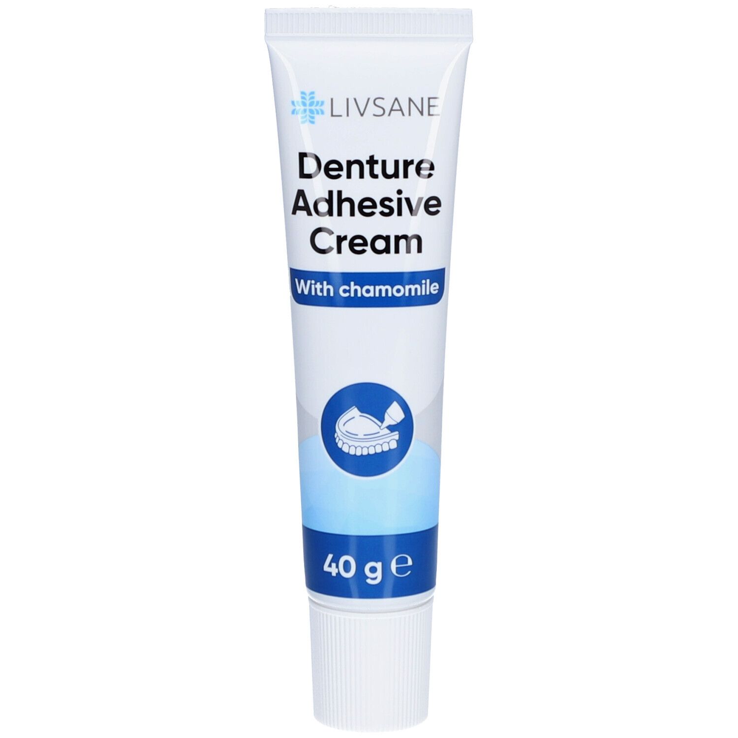 Zahncreme-Tube, weiß mit blauer Schrift. Aufschrift: Livsane, Denture Adhesive Cream, With chamomile. 40 g.