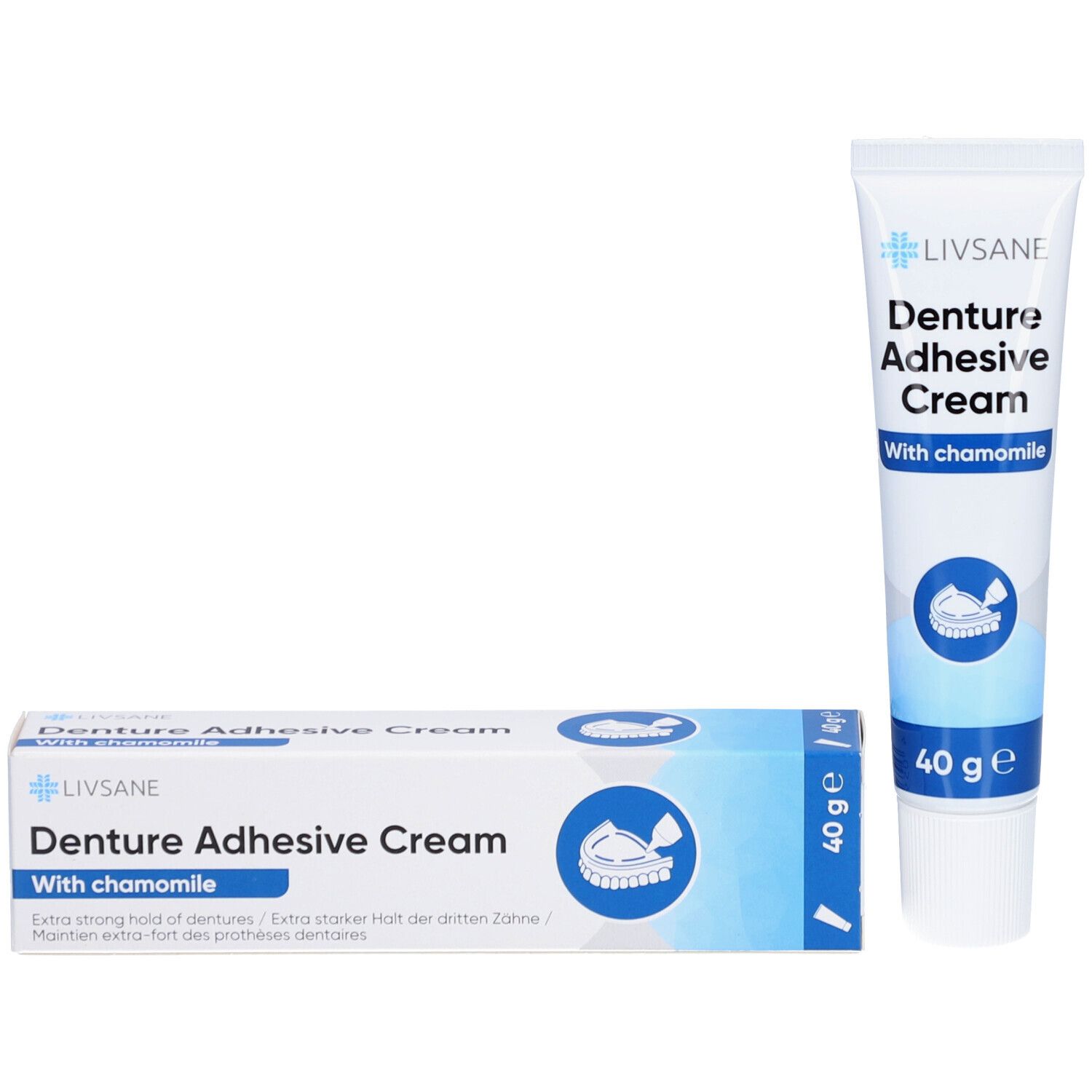 Zahncreme-Tube und Schachtel. Aufschrift: Livsane, Denture Adhesive Cream, With chamomile. 40 g. Schachtel und Tube sind weiß und blau.