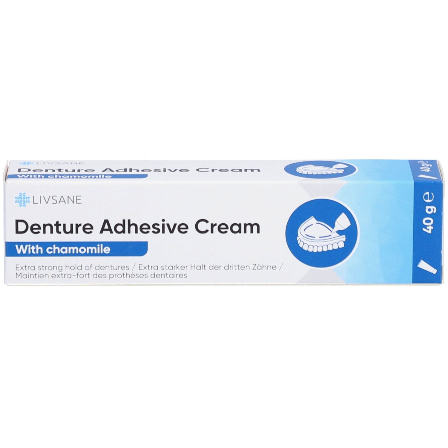 Schachtel mit Zahncreme. Aufschrift: Livsane, Denture Adhesive Cream, With chamomile. 40 g. Weiß und blau.