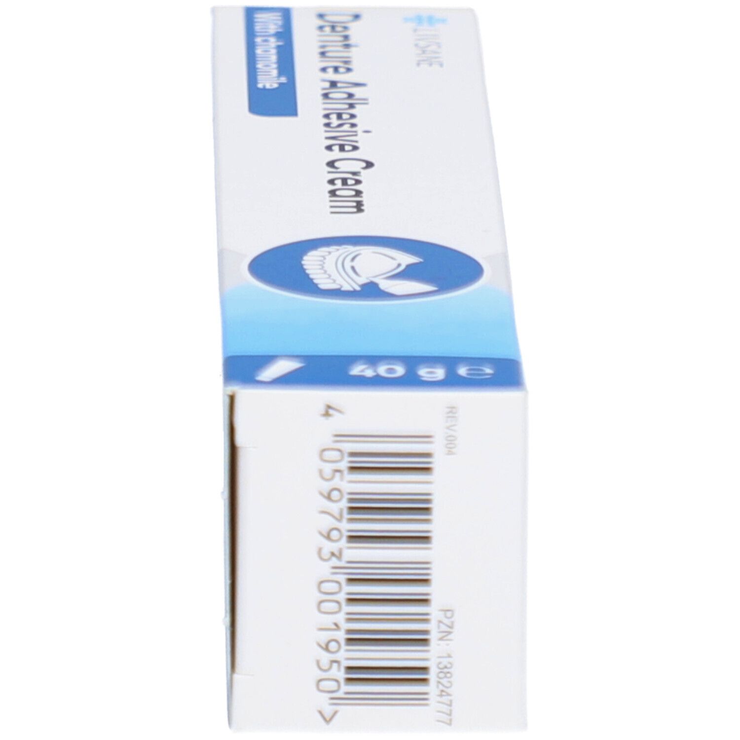 Schachtel mit Zahncreme, Seitenansicht. Aufschrift: Livsane, Denture Adhesive Cream, With chamomile. Barcode und PZN-Nummer.