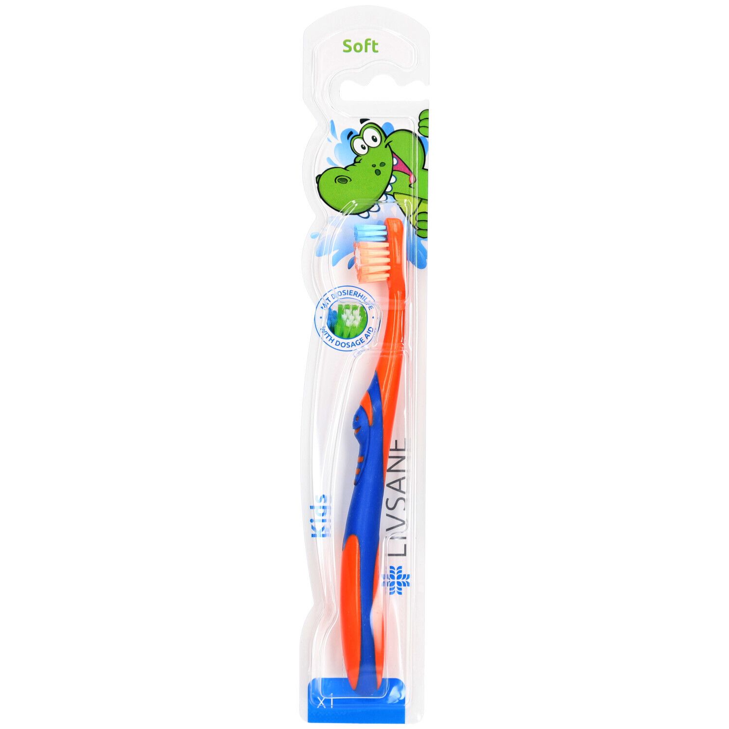 Brosse à dents pour enfants dans un emballage. Manche bleu, poils orange. Logo LIVSANE visible. Illustration d'animal.