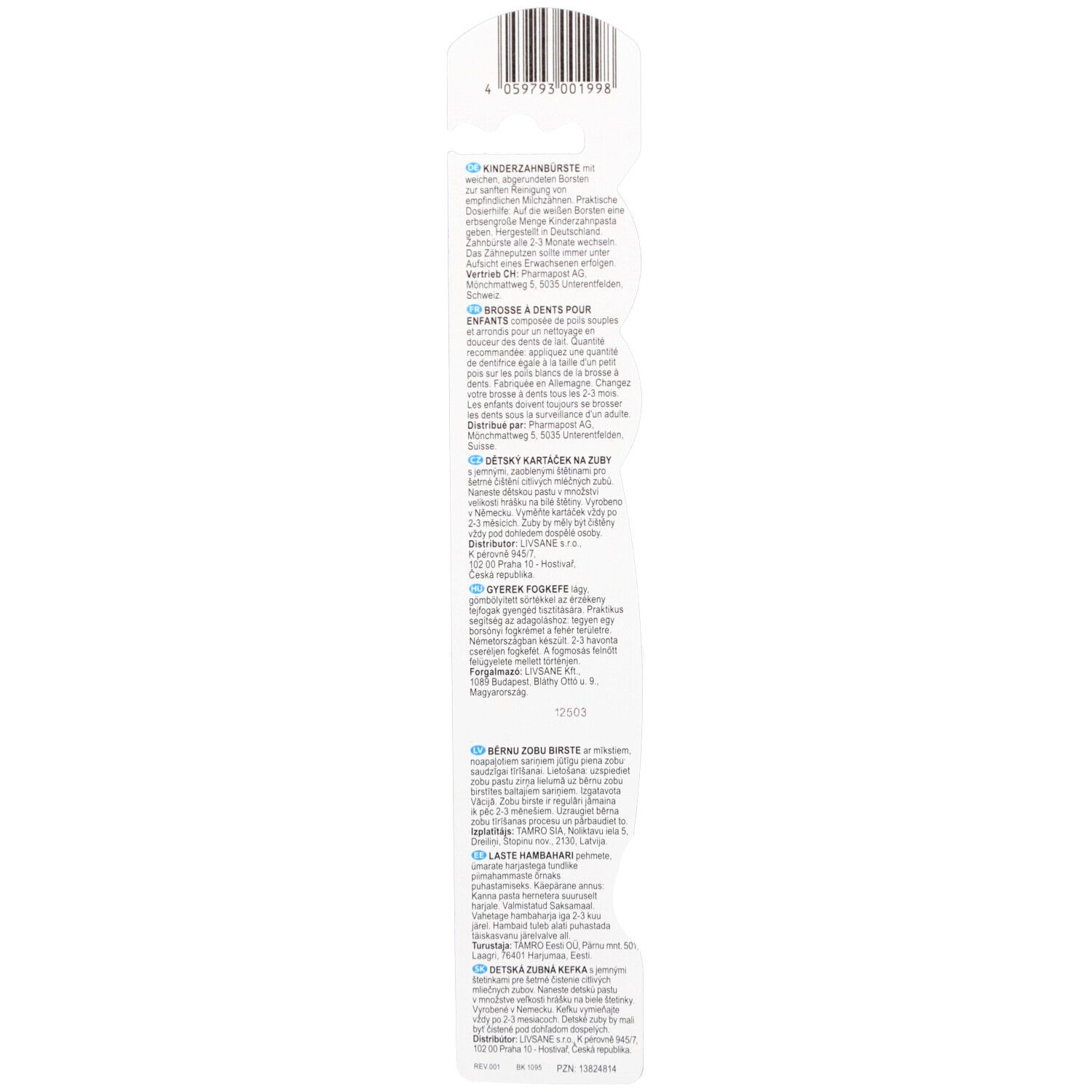 Dos de l'emballage avec texte en plusieurs langues. Code-barres en haut. Contient des informations sur le produit.