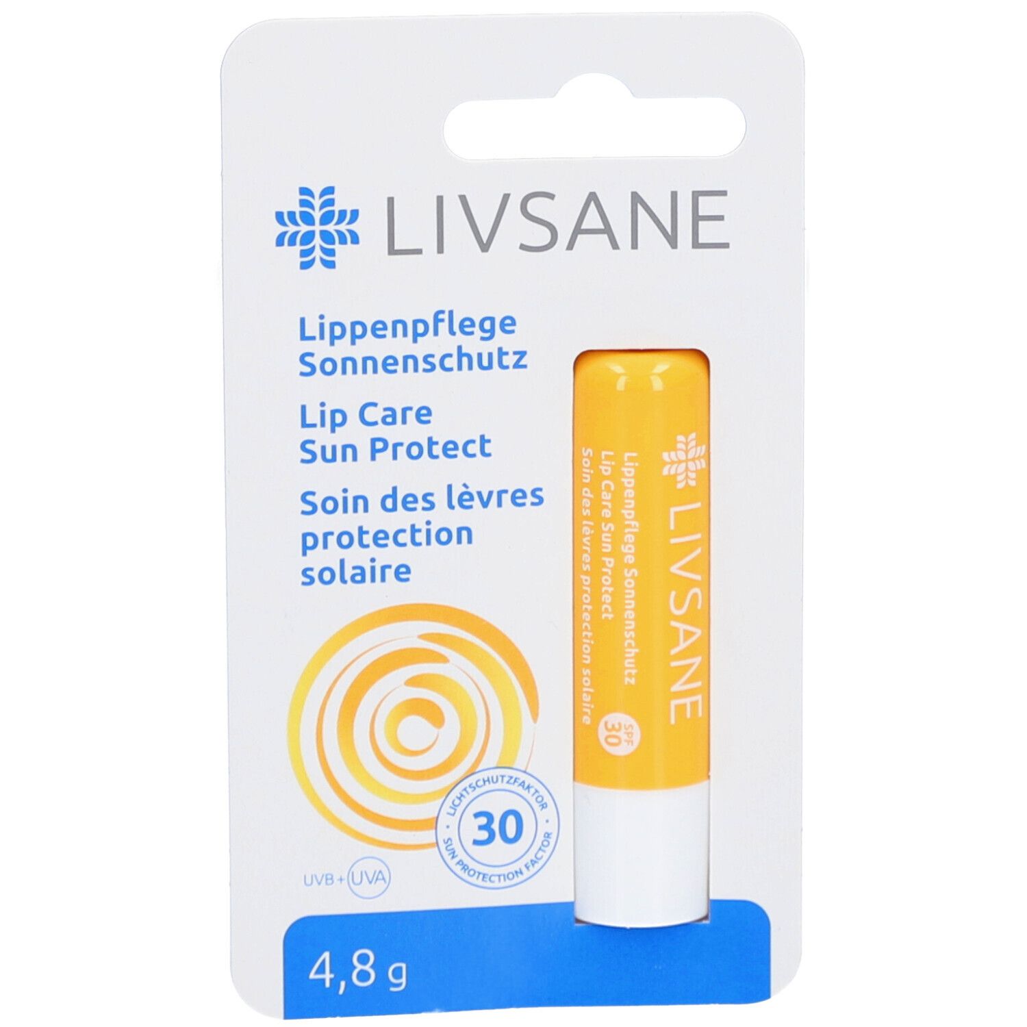 LIVSANE Lippenpflege Sonnenschutz. Gelbe Lippenpflege in Stiftform. Verpackung mit Produktinformationen und Lichtschutzfaktor 30.