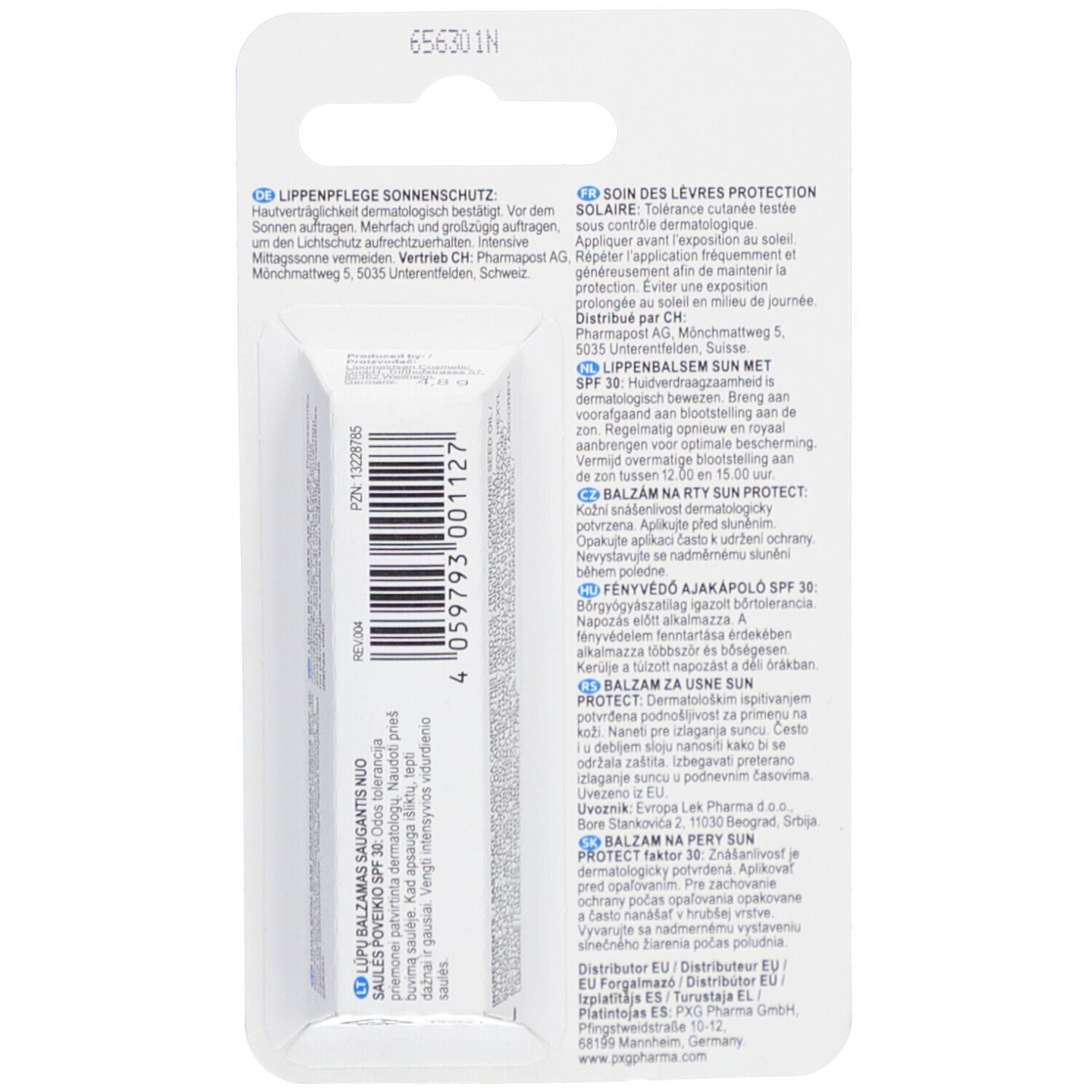 Rückseite der Verpackung von LIVSANE Lippenpflege Sonnenschutz. Textinformationen in verschiedenen Sprachen und Barcode.