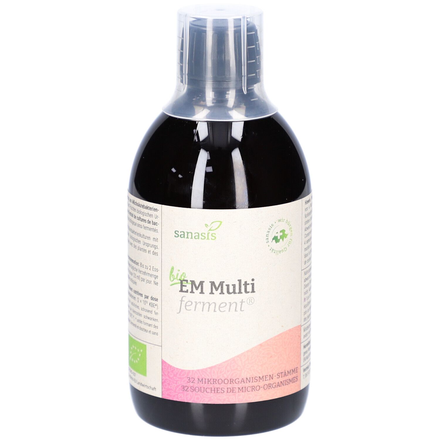 Braune Flüssigkeit in einer Flasche mit Etikett. Aufschrift: bio EM Multi ferment. Mit Bio-Siegel.