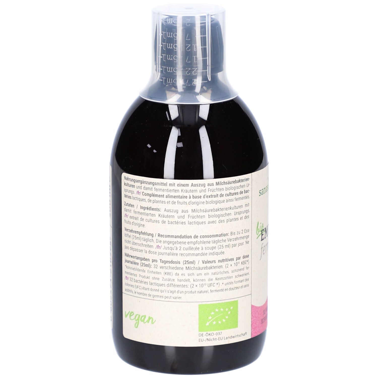 Rückseite der Flasche mit Text. Vegan-Siegel. Etikett mit Inhaltsstoffen und Verzehrempfehlung.