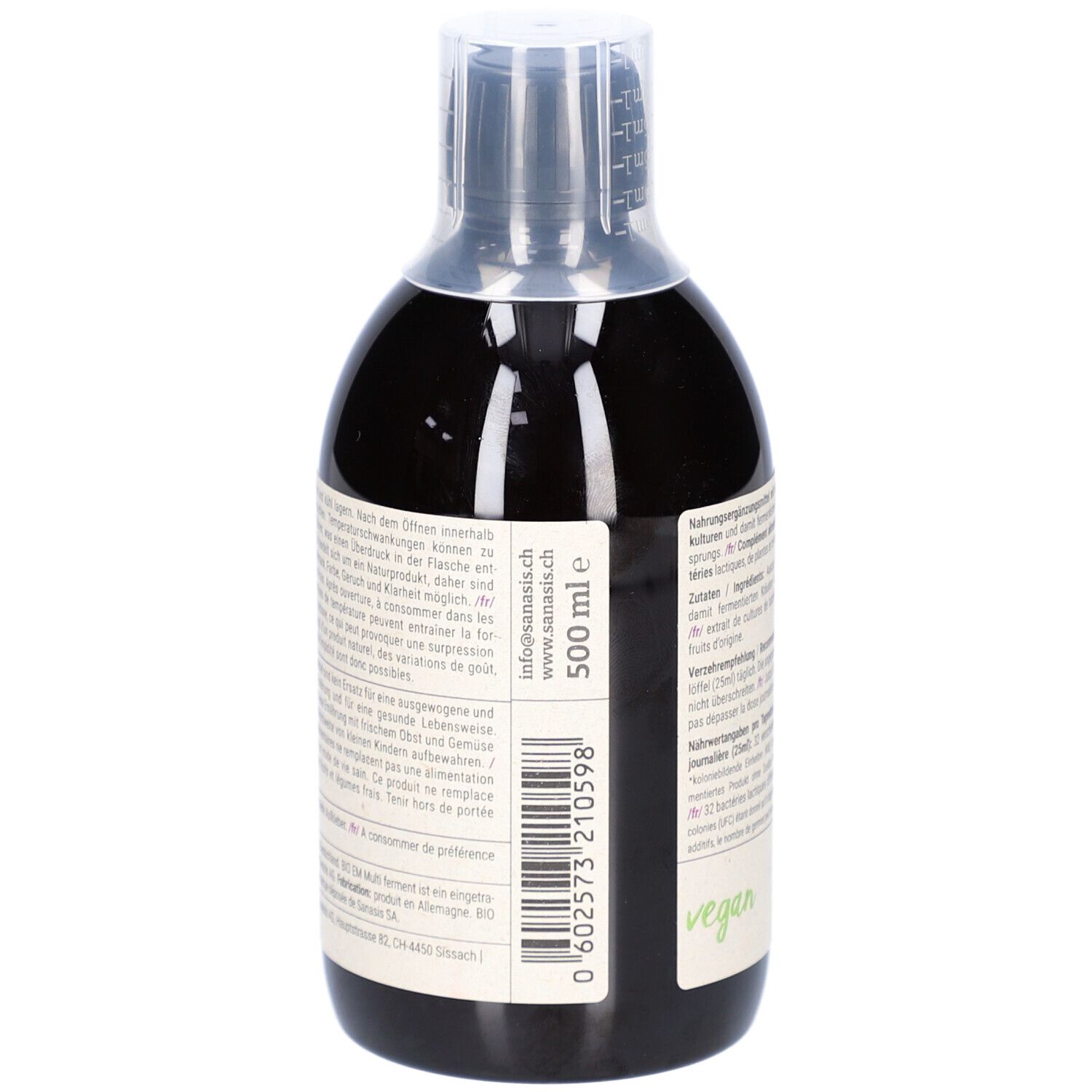 Rückseite der Flasche mit Text und Barcode. Aufschrift: 500 ml e. Vegan-Siegel.